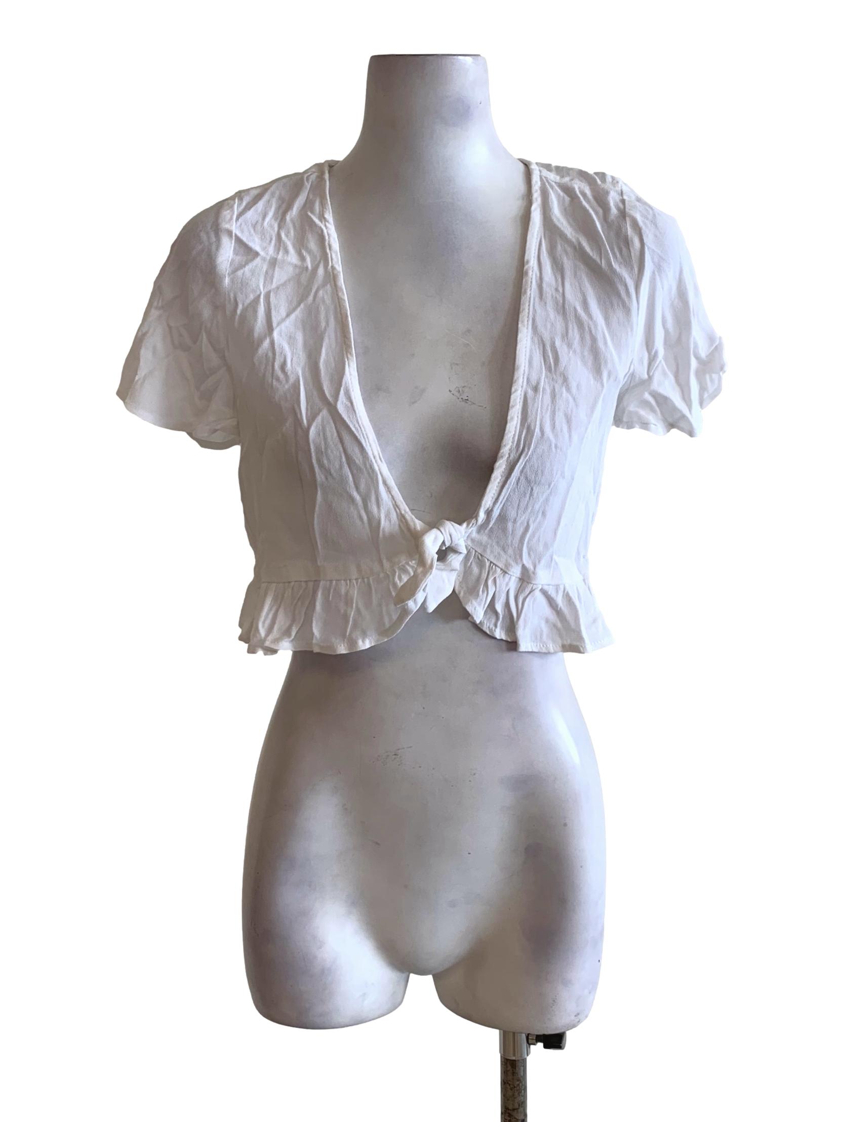 White Open Front Tie Knot Ruffled Hem Cropped Top