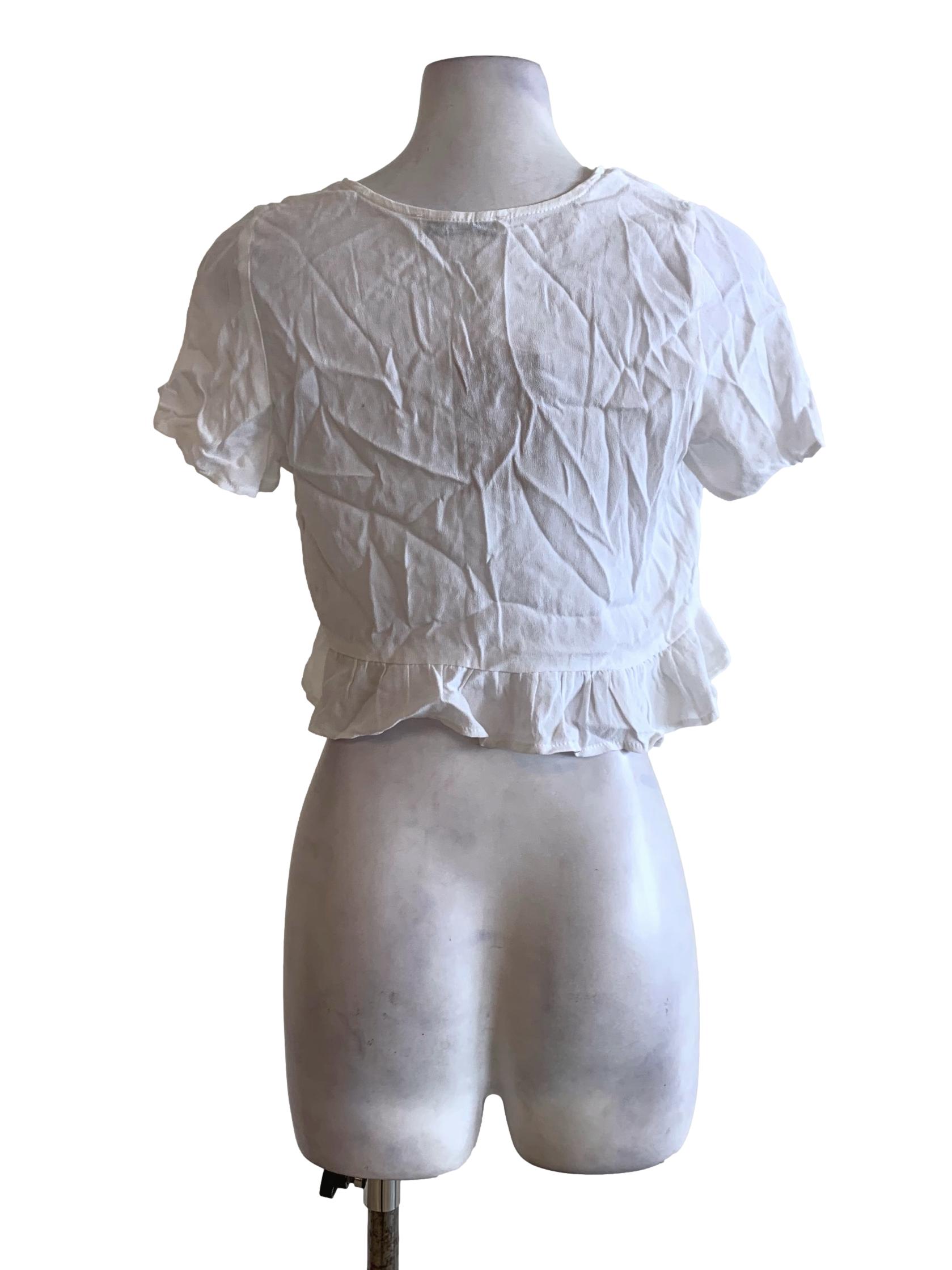 White Open Front Tie Knot Ruffled Hem Cropped Top
