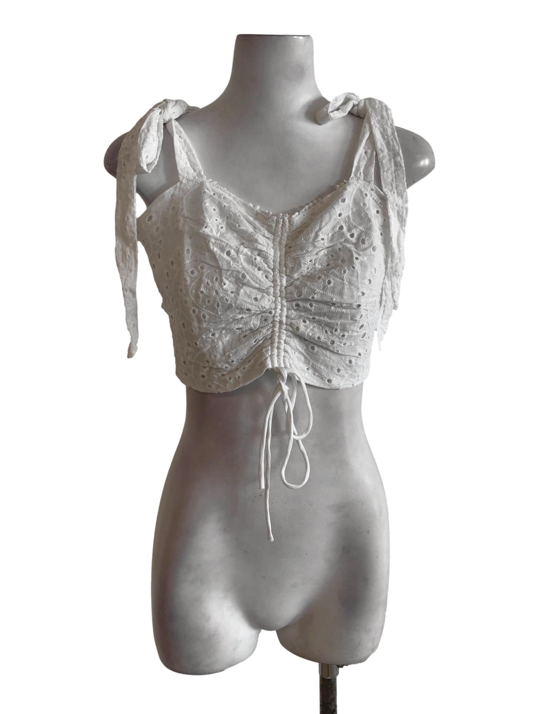 Off White Embroidery Tie Up Straps  Top With Drawstrings Front And Back Zip