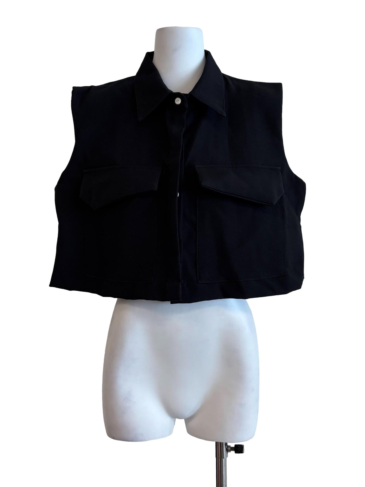 Black Sleeveless Collared Oversize Crop Top