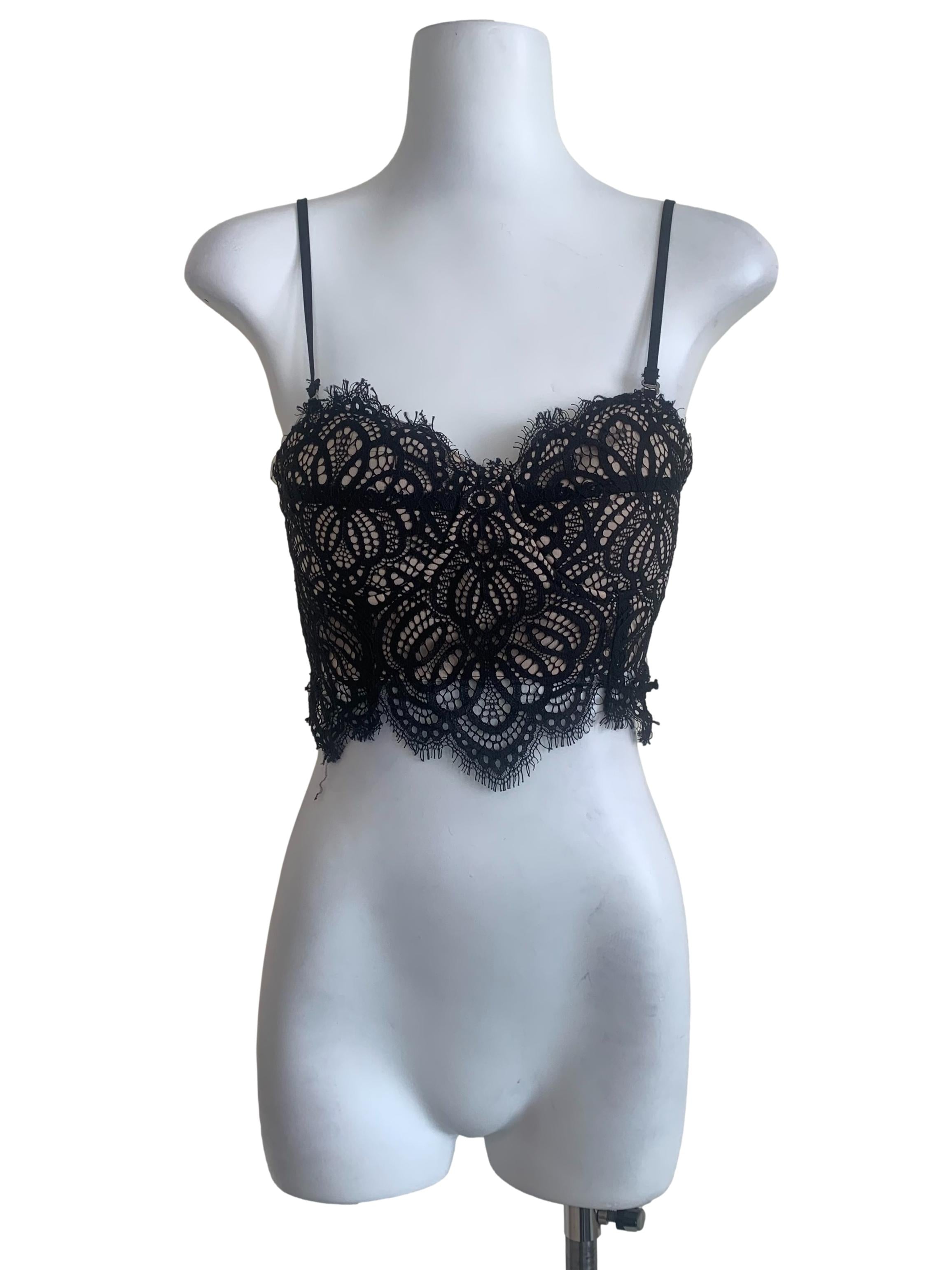 Black Beige Lined Lace Pattern Top YHF