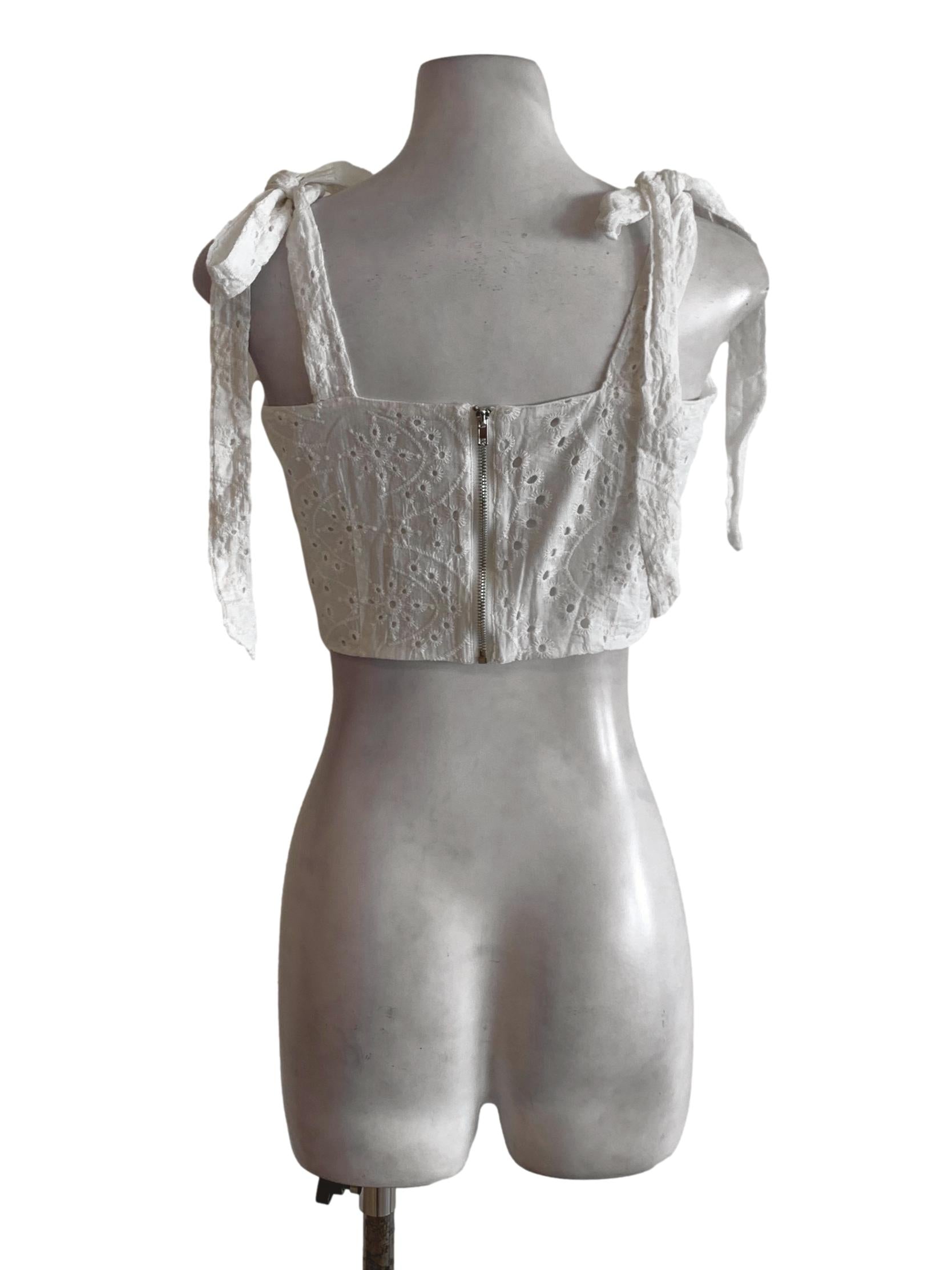 Off White Embroidery Tie Up Straps  Top With Drawstrings Front And Back Zip