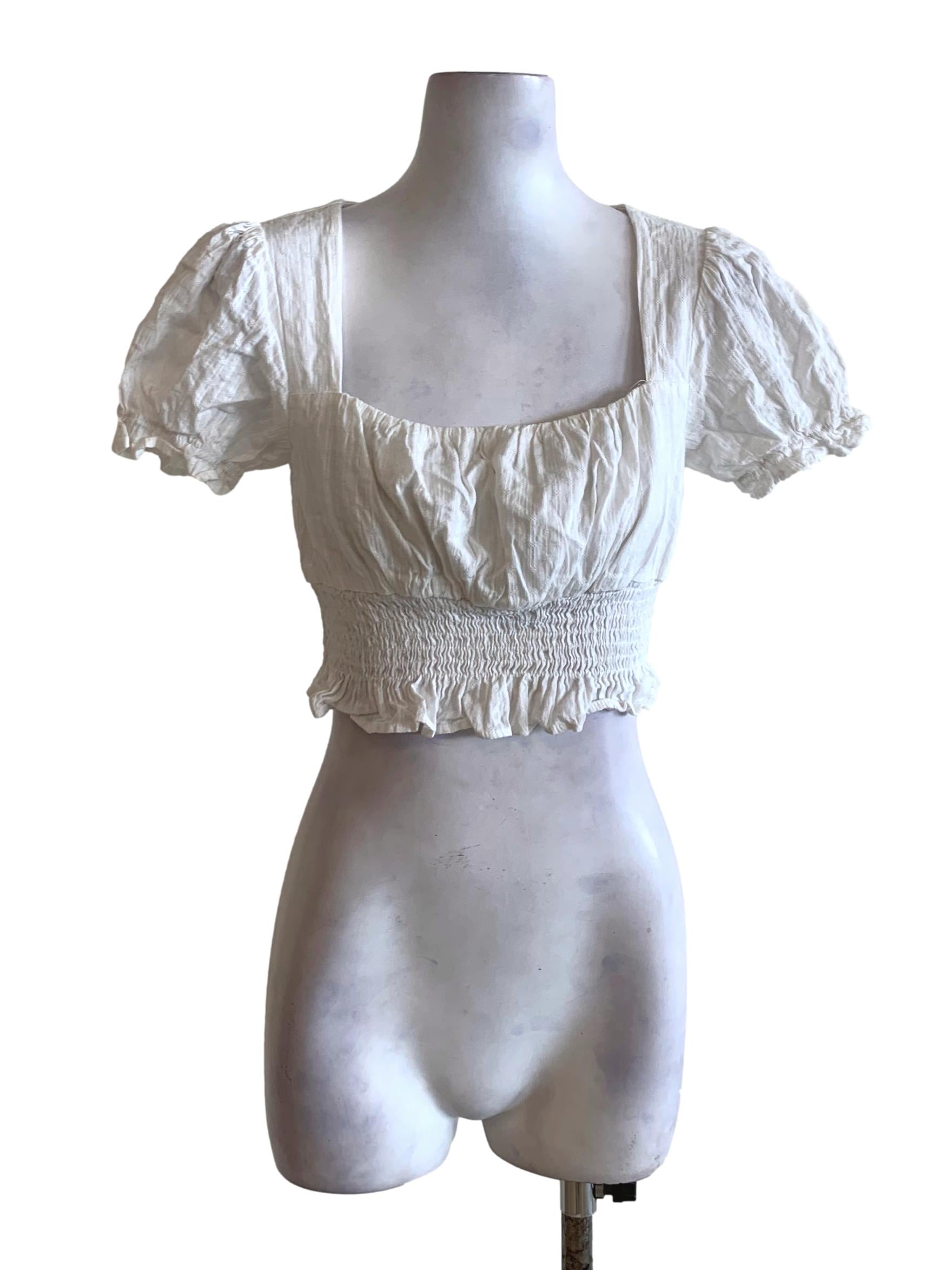 Off White Embroidery Puff Sleeve Shirred Waist Cropped Top