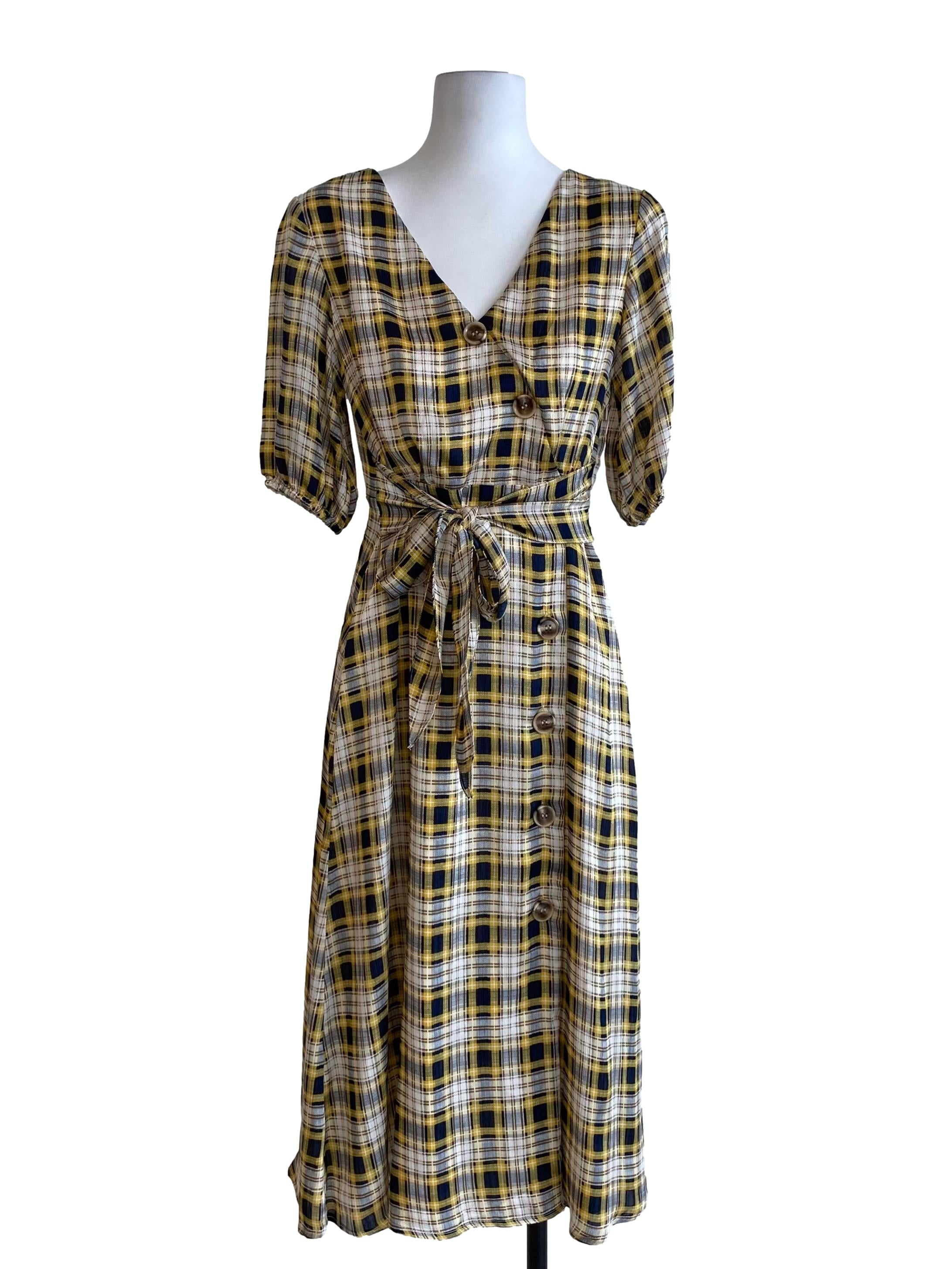 Butter Yellow Flannel Pattern Wrap Dress