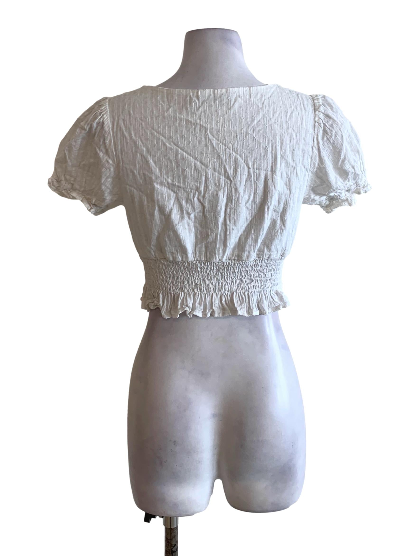 Off White Embroidery Puff Sleeve Shirred Waist Cropped Top