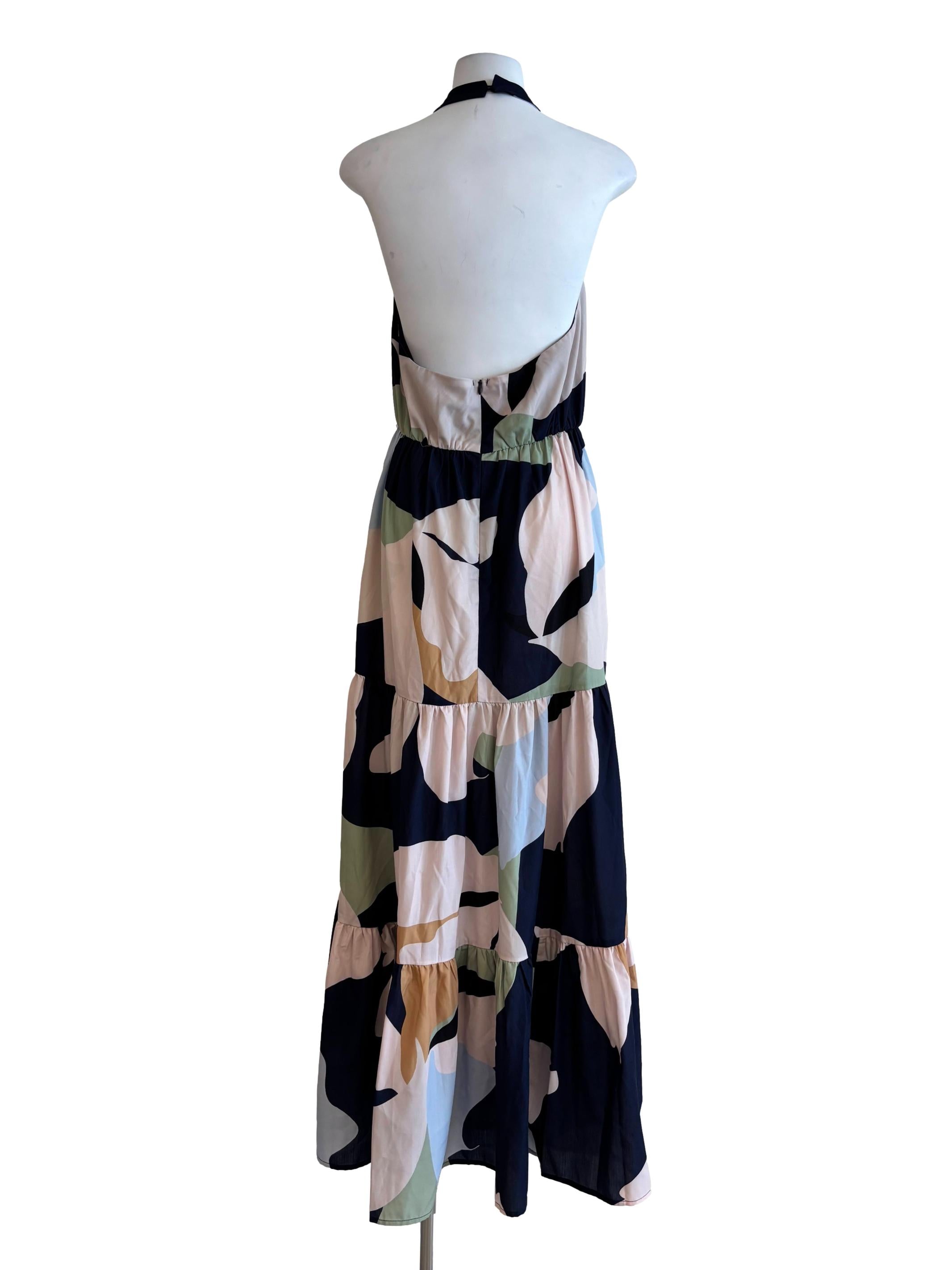 Multicolour Backless Tiered Halter Dress