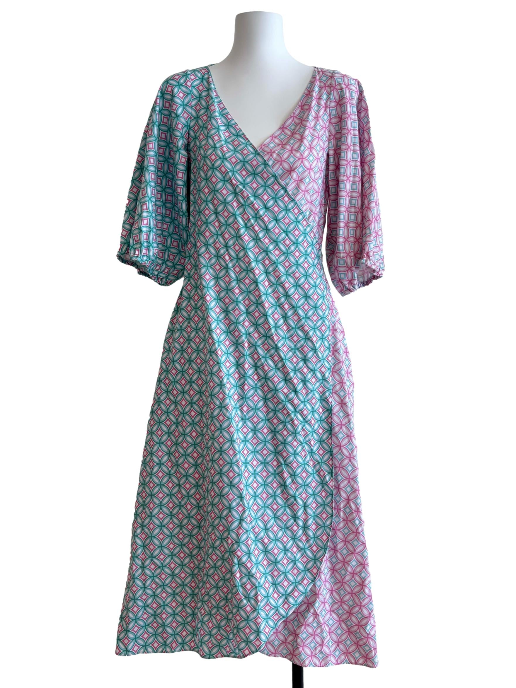 Tiffany Green And Pink Patterned Wrap Dress