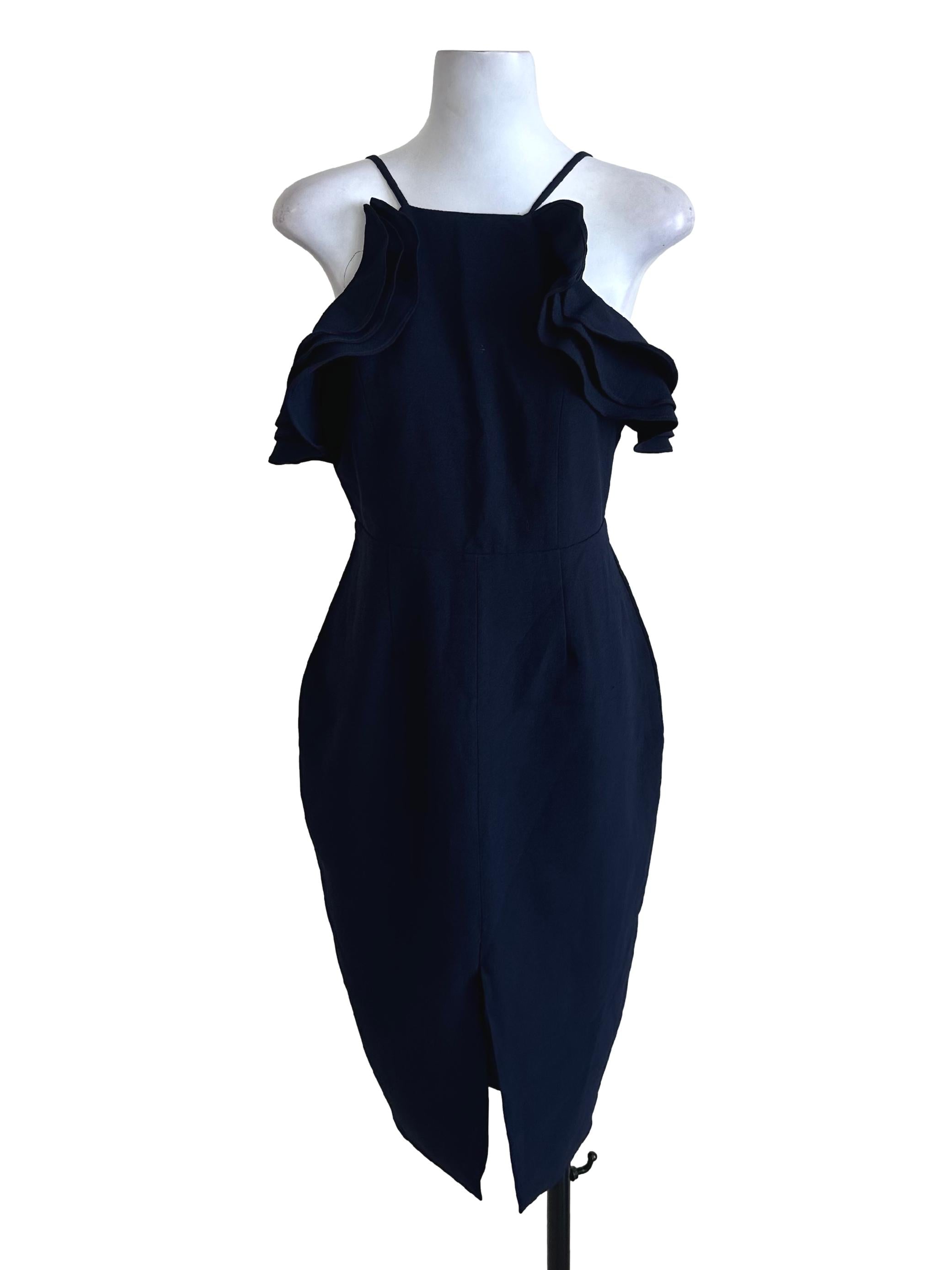 Navy Blue Ruffle Halter Slit Dress