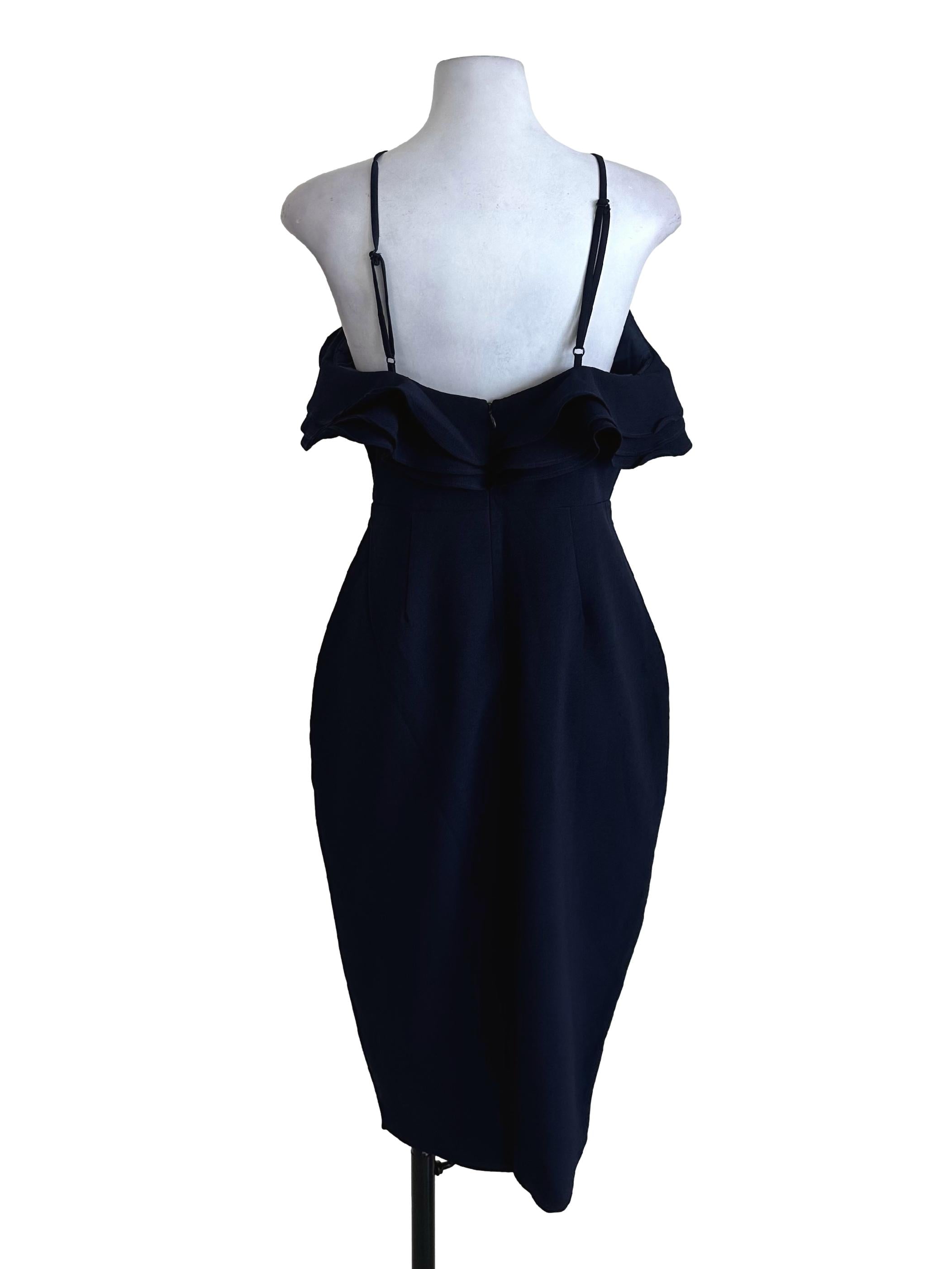 Navy Blue Ruffle Halter Slit Dress