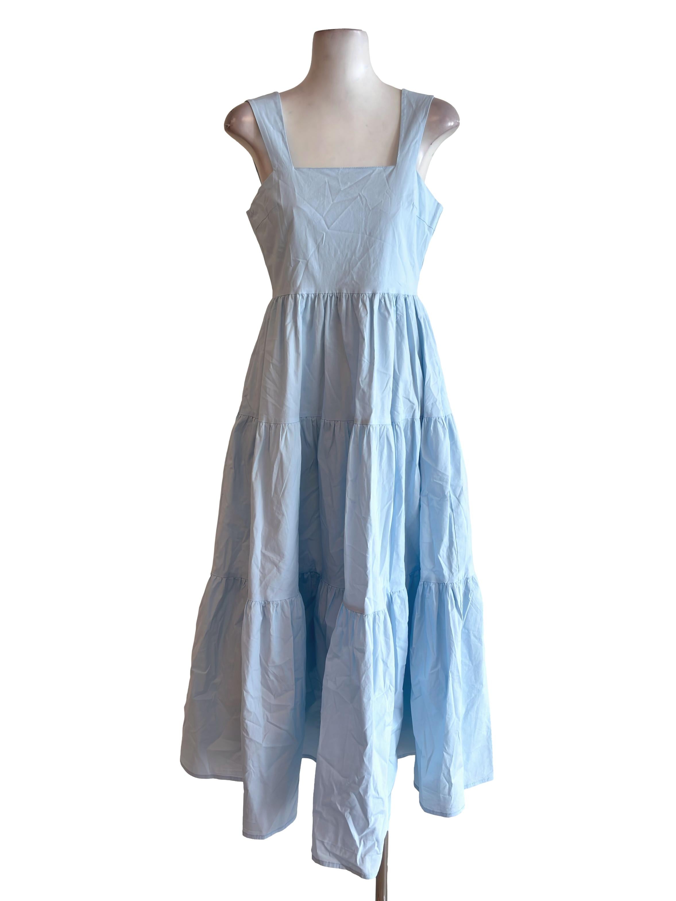 Sky Blue Square Neck Tiered Dress