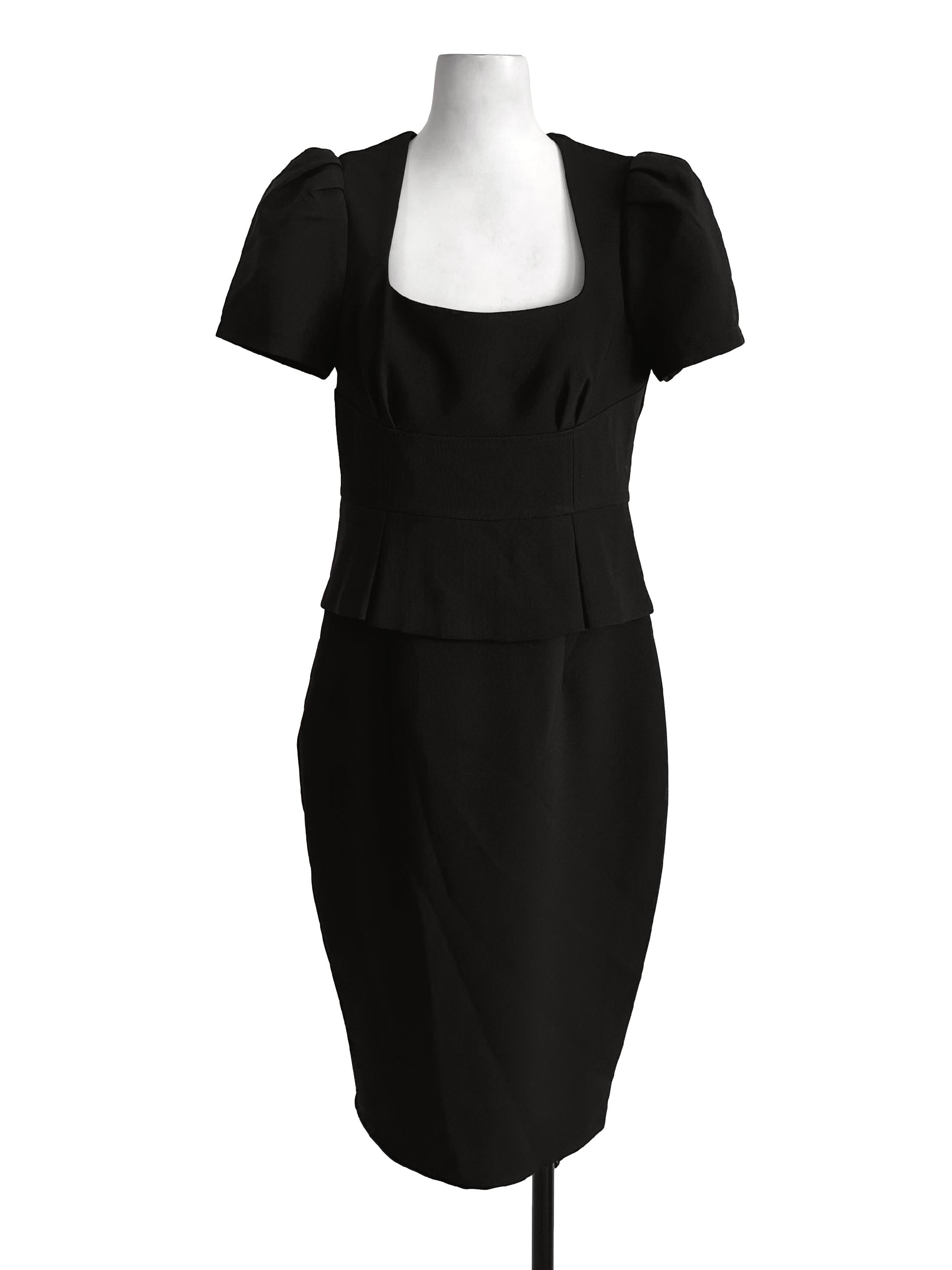 Black Puff Sleeve Peplum Slit Dress