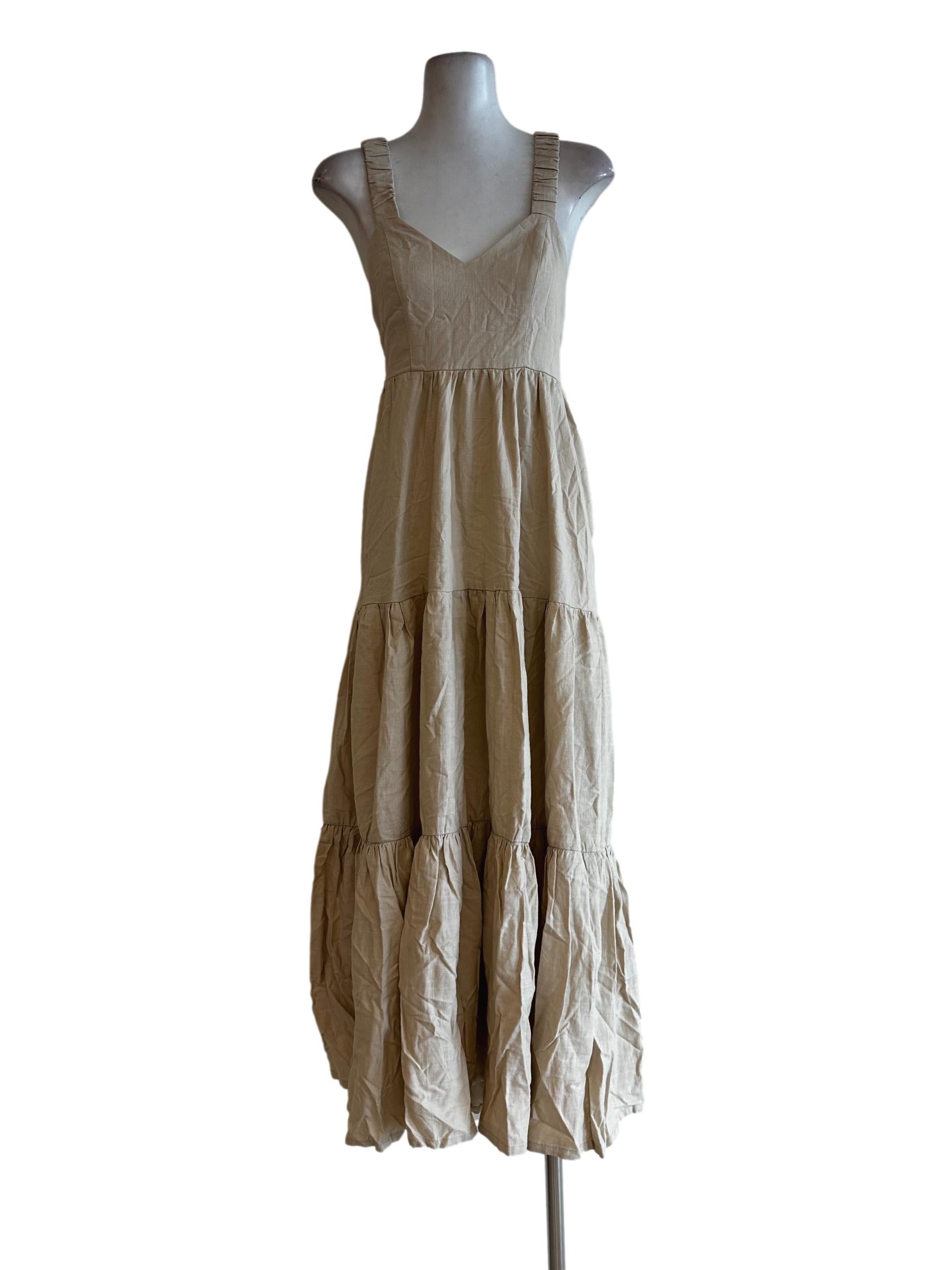 Beige Linen Halter Strap Maxi Dress