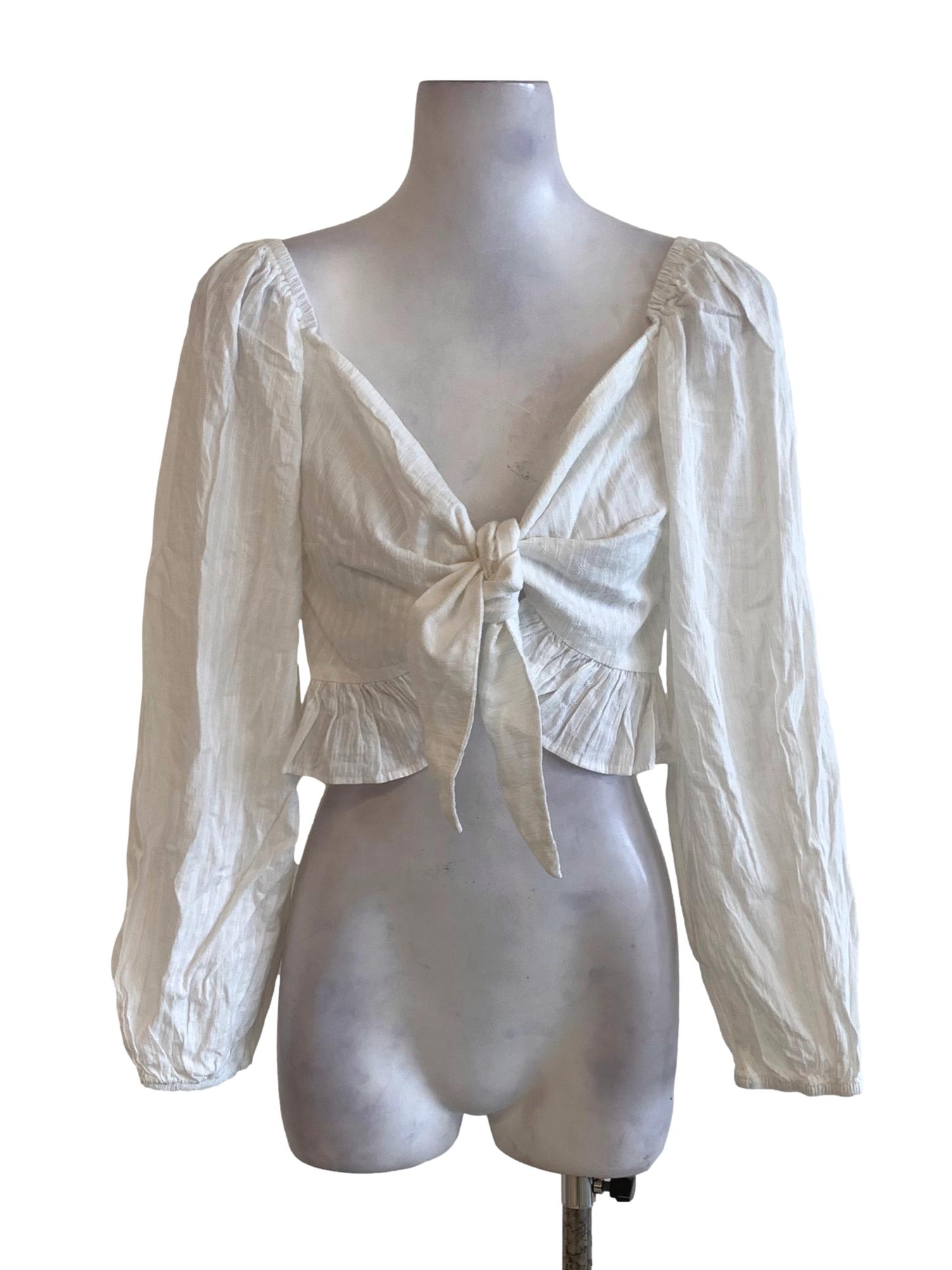 Off White Embroidery Open Front Tie Knot Ruffled Hem Long Sleeves Top