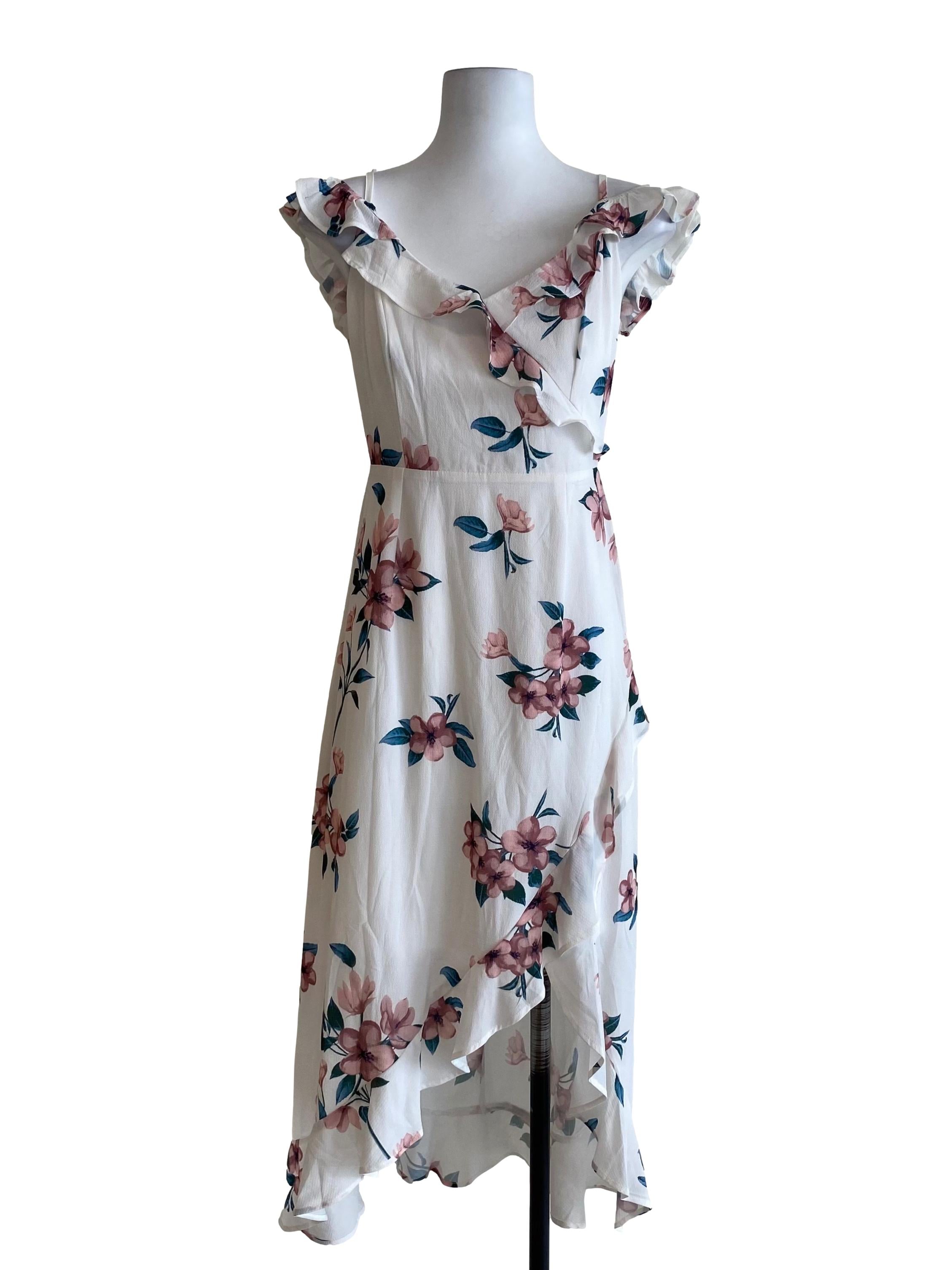 Porcelain White Floral V-Neck Asymmetrical Dress