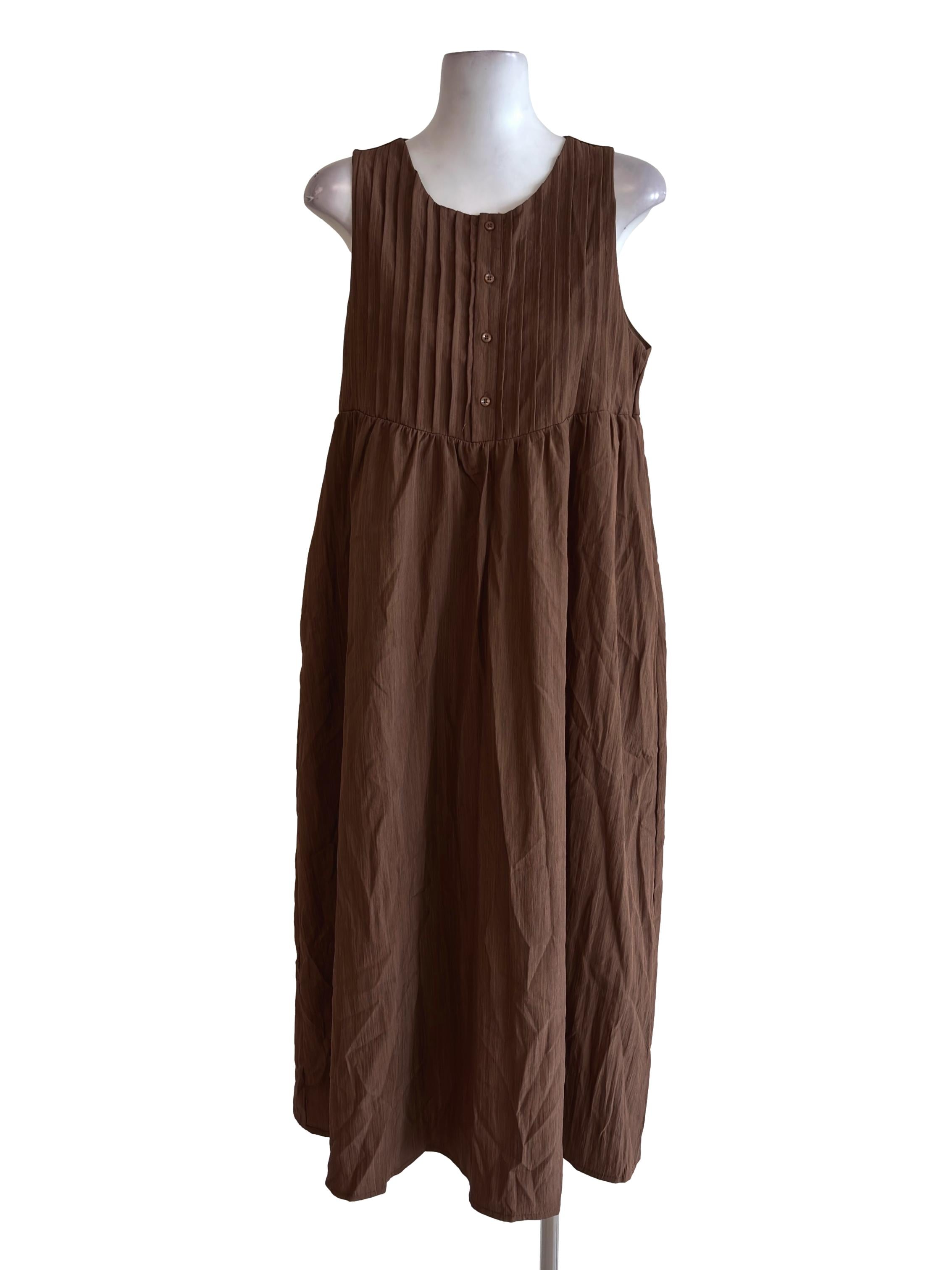 Brown Pleated Sleeveless Dress