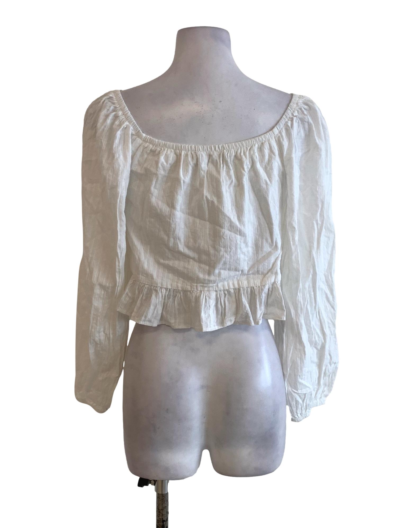 Off White Embroidery Open Front Tie Knot Ruffled Hem Long Sleeves Top