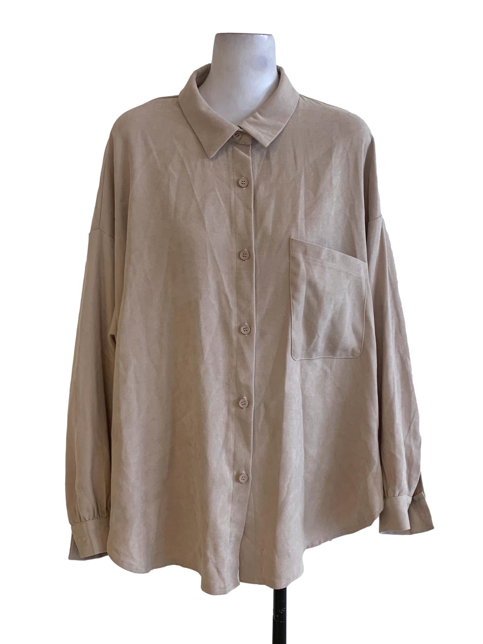 Light Brown Plain Front Button Flat Pocket Long Sleeves Top
