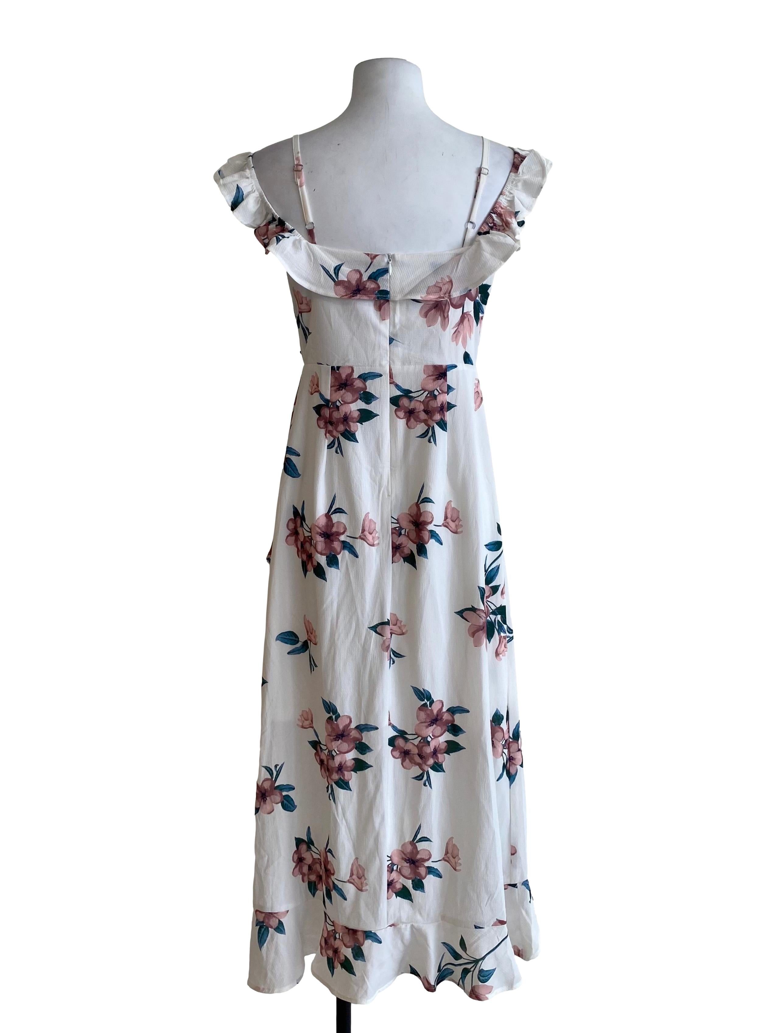 Porcelain White Floral V-Neck Asymmetrical Dress