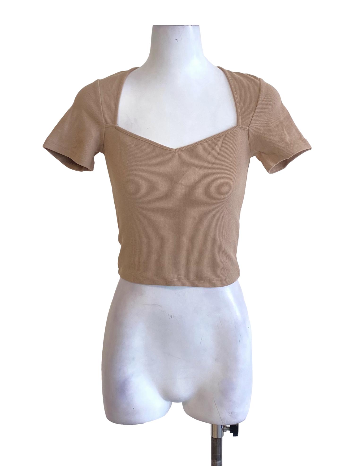 Light Wood Brown Sweetheart Cut Out Fit Cropped Shirt