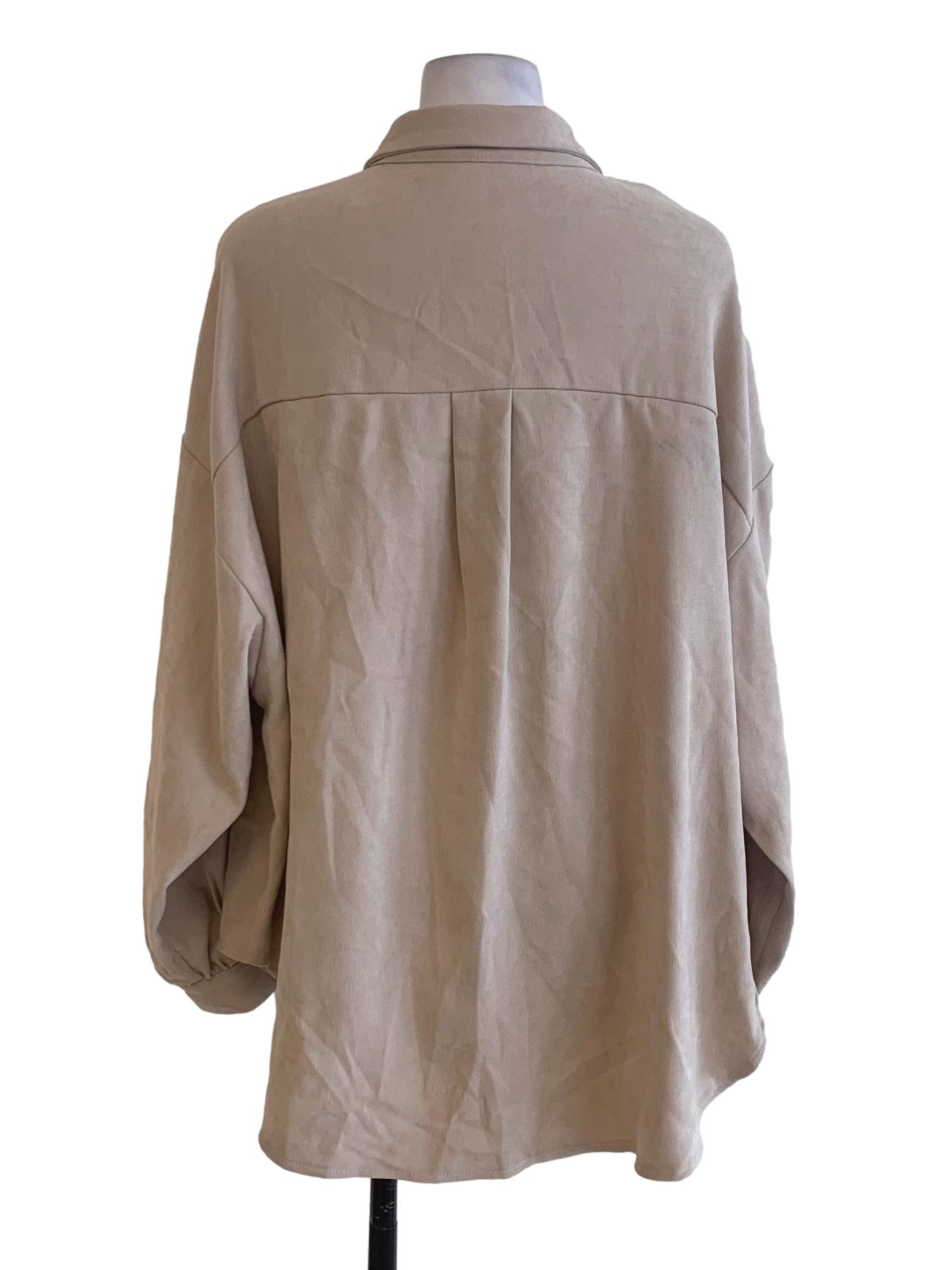 Light Brown Plain Front Button Flat Pocket Long Sleeves Top