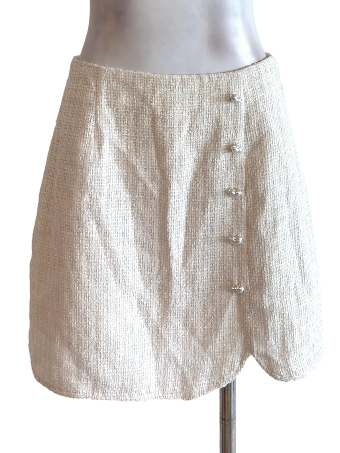Cream Tweed Button Detail Mini Skirt