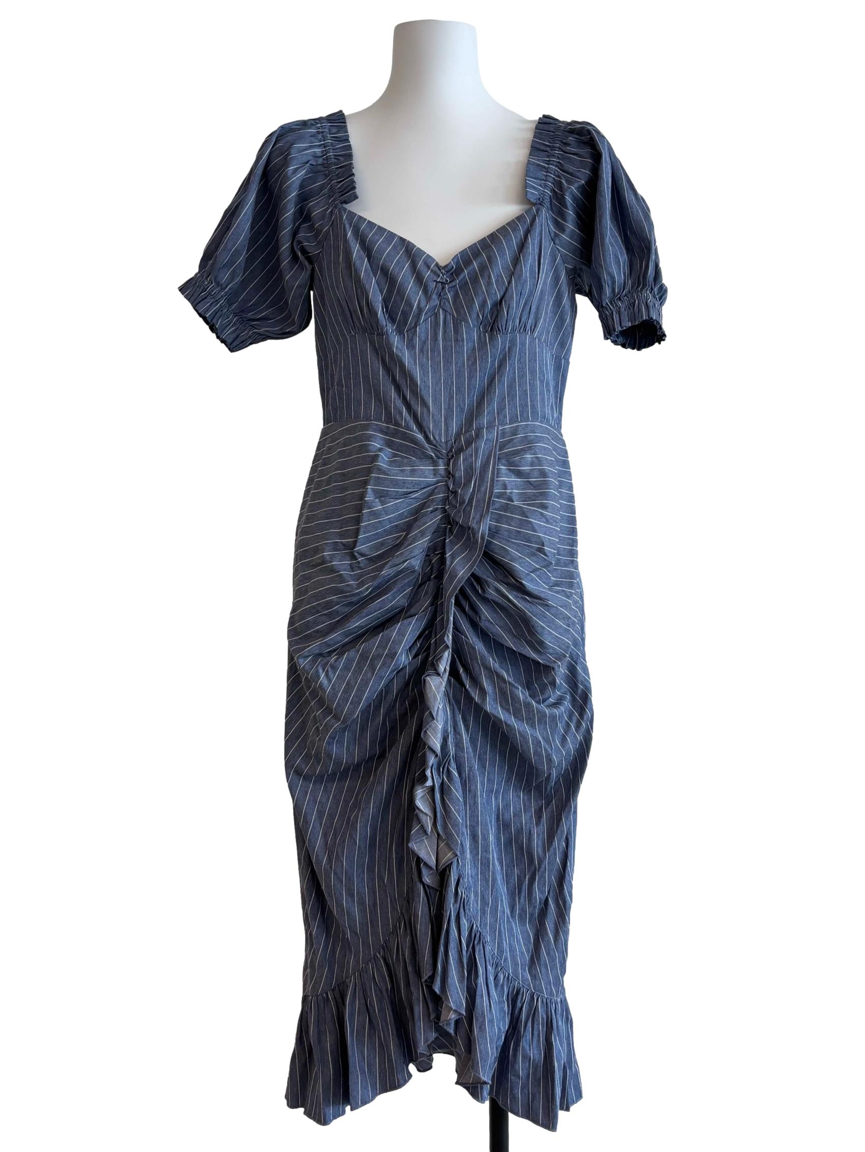 Stone Blue Striped Ruffle Pencil Dress