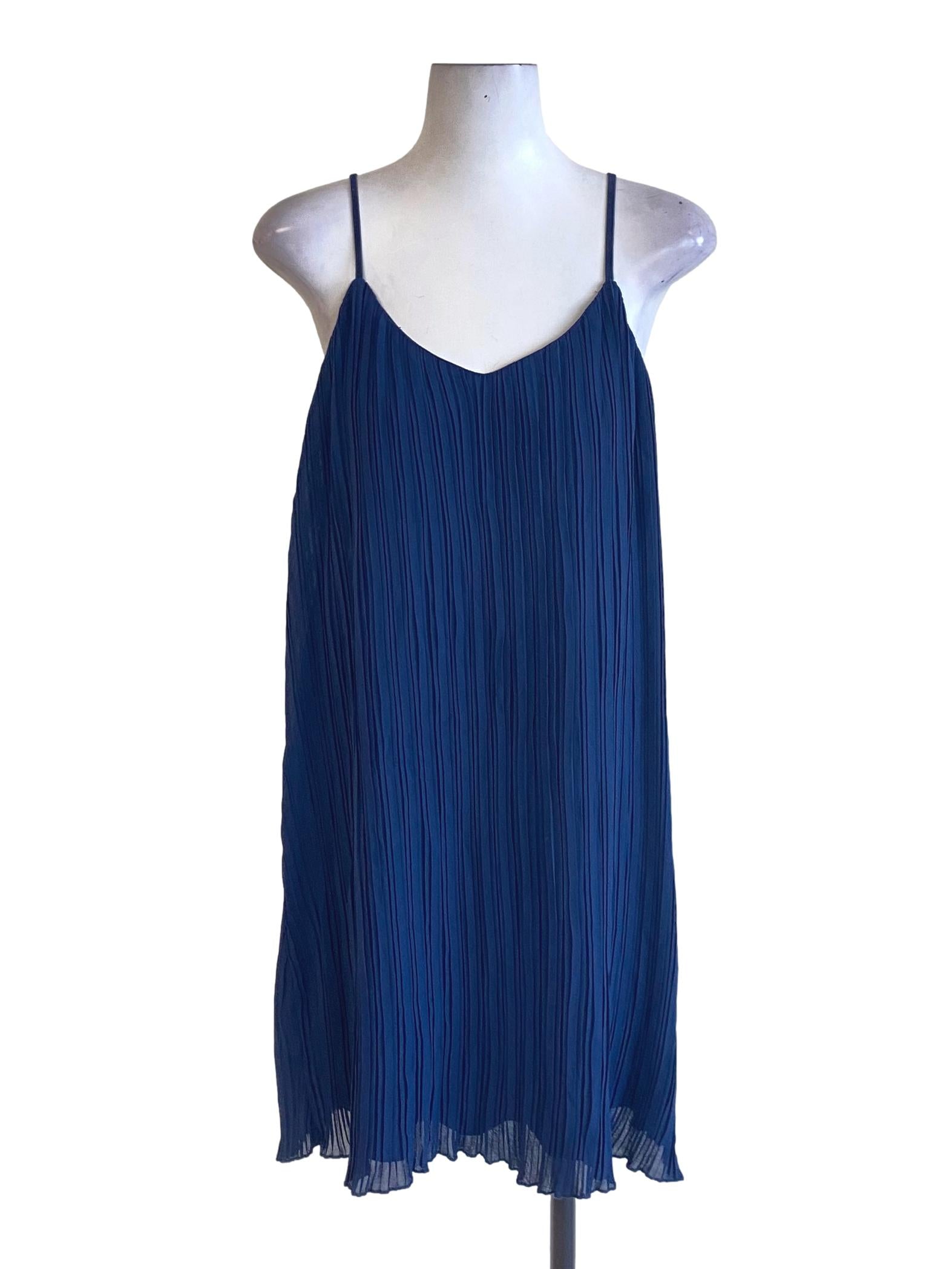 Navy Blue Pleated Spaghetti Strap Slip Dress