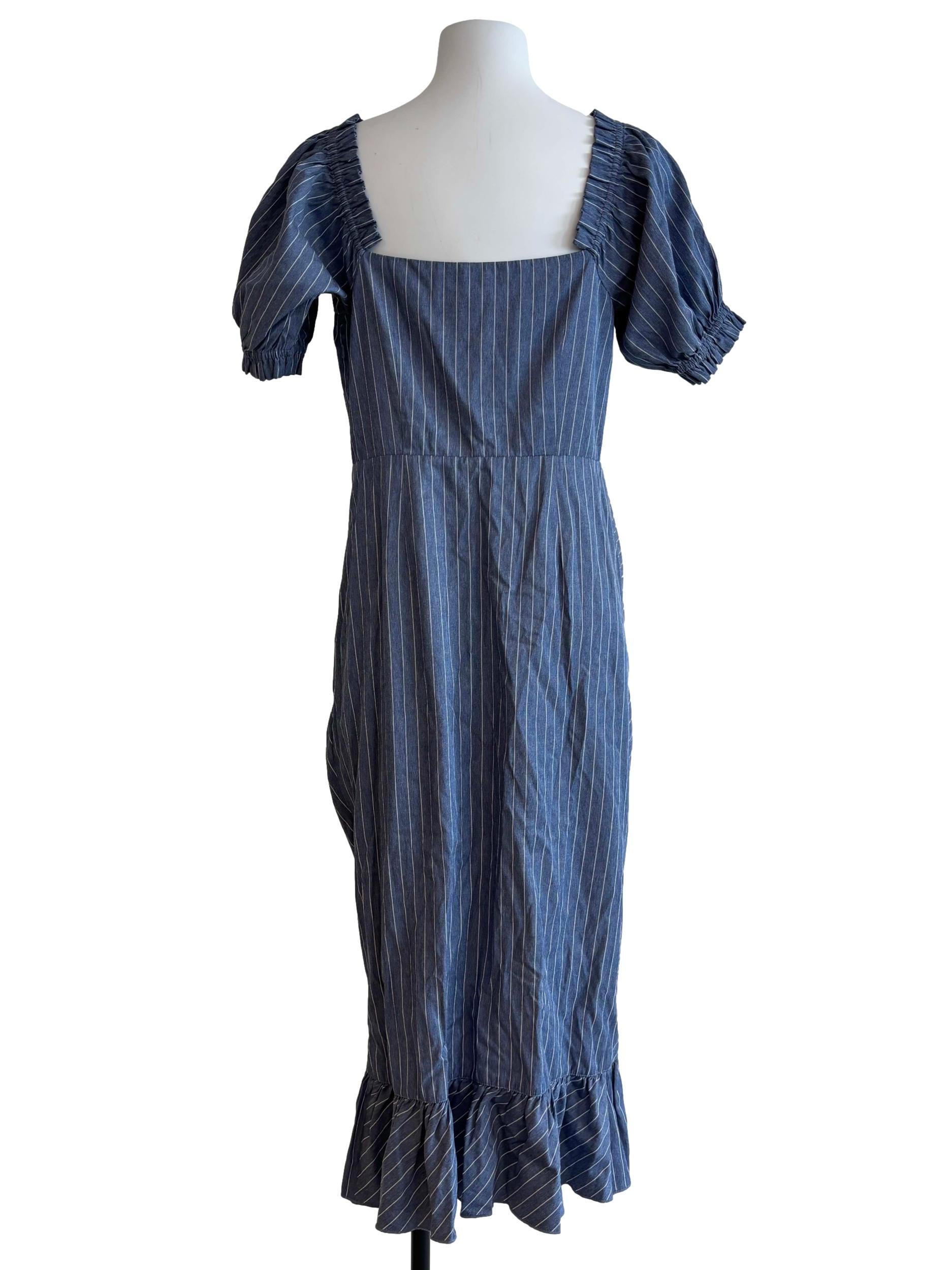 Stone Blue Striped Ruffle Pencil Dress