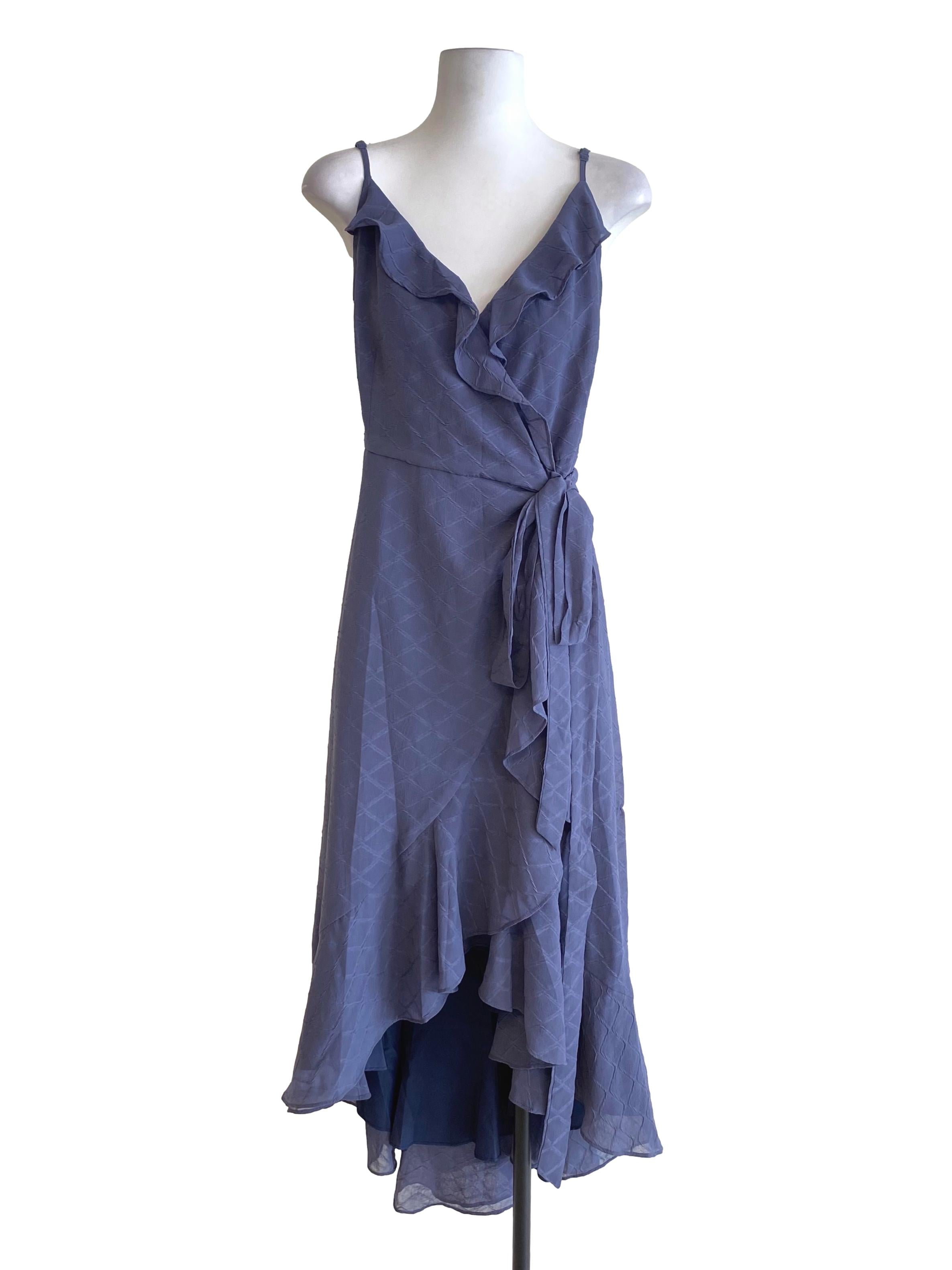 Light Indigo Blue Pattern Ruffle Asymmetrical Wrap Dress