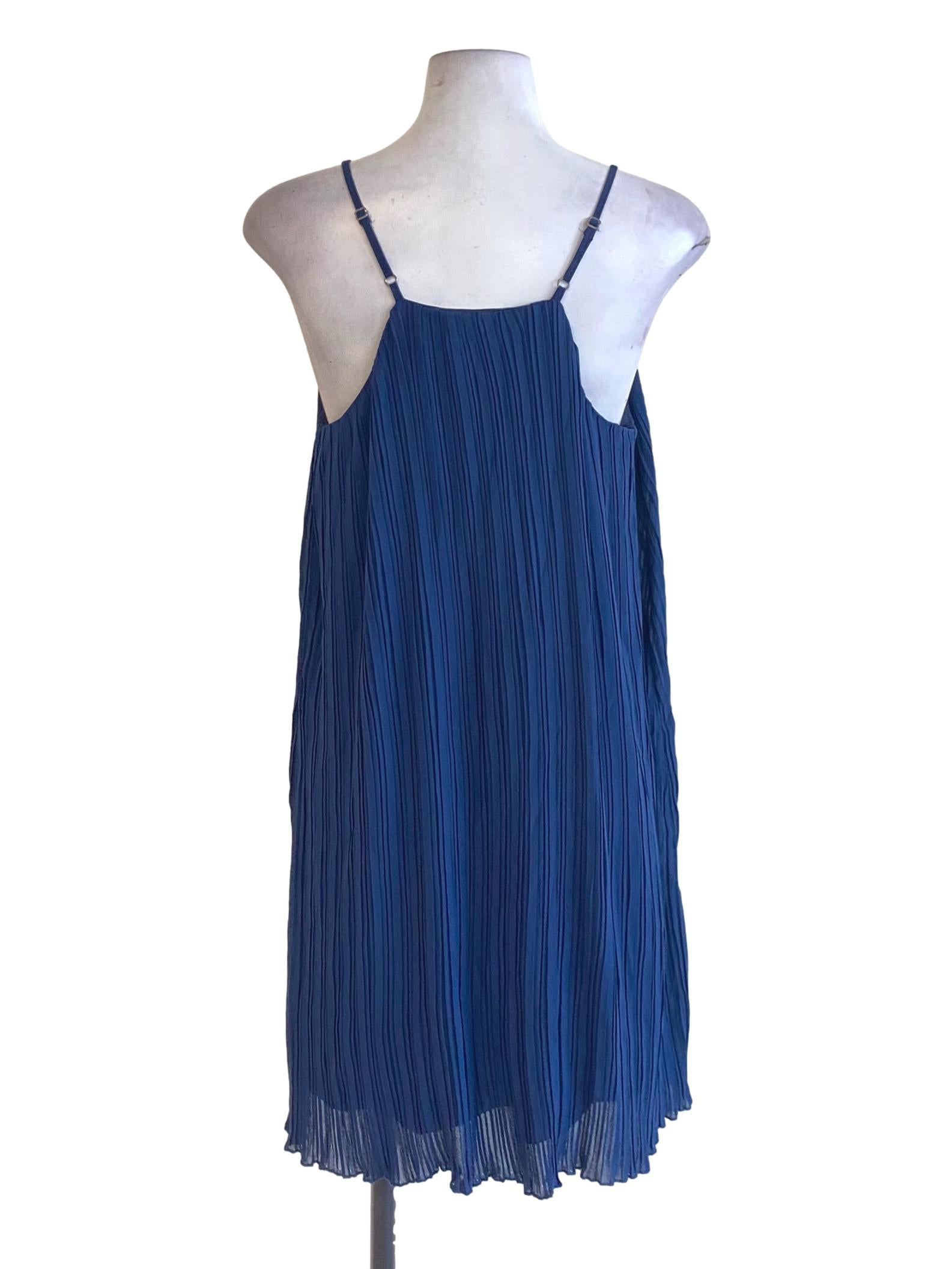 Navy Blue Pleated Spaghetti Strap Slip Dress