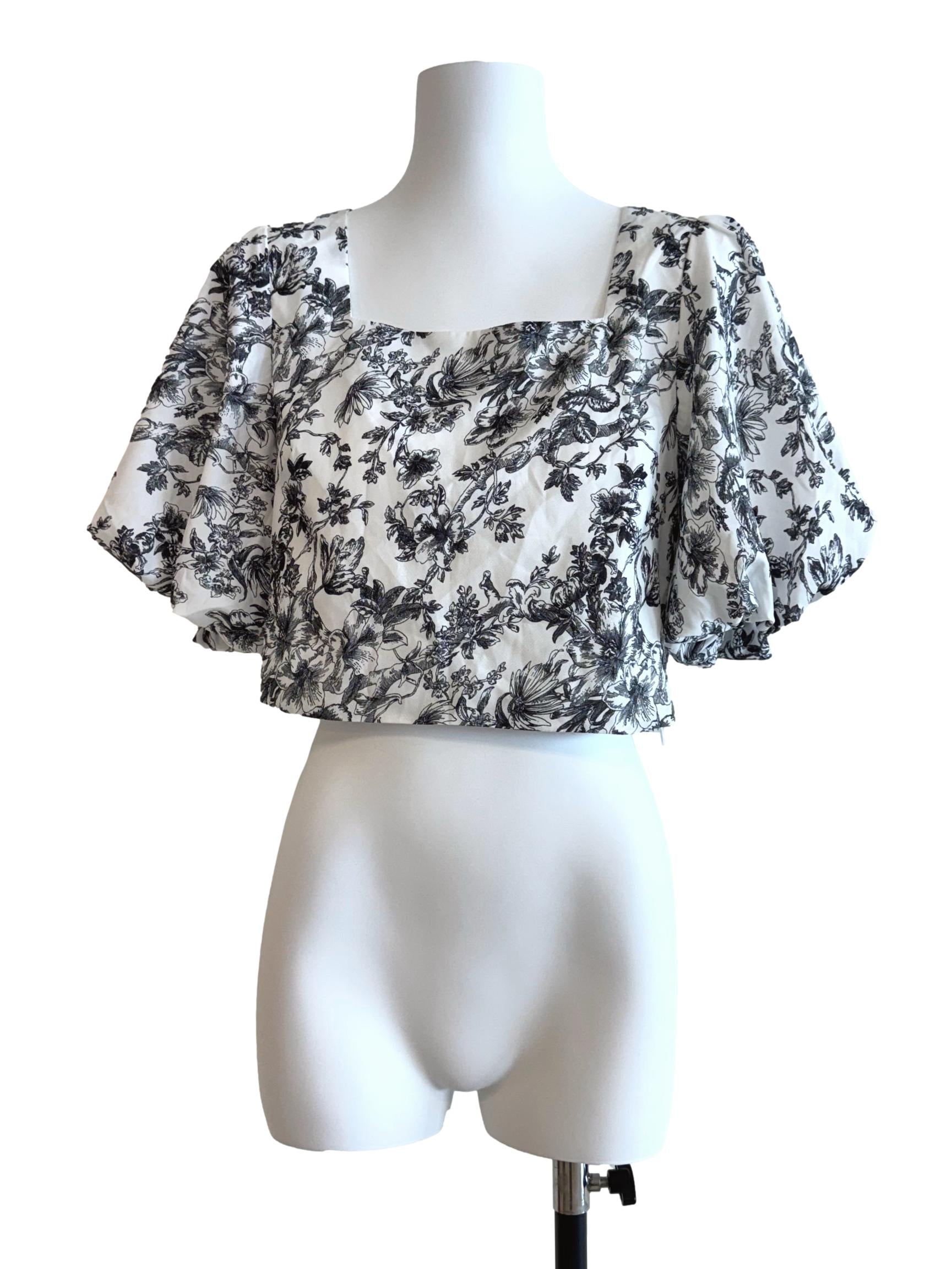 White Print Balloon Sleeve Top