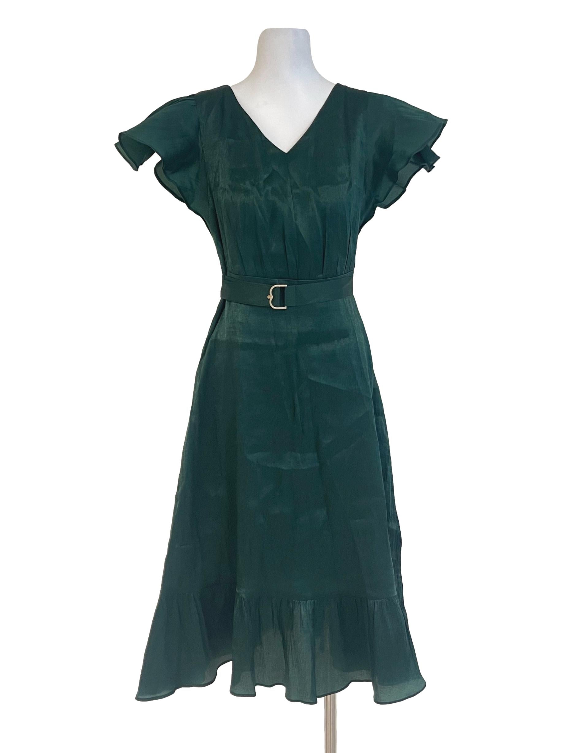Pine Satin Butterfly Sleeved Dress