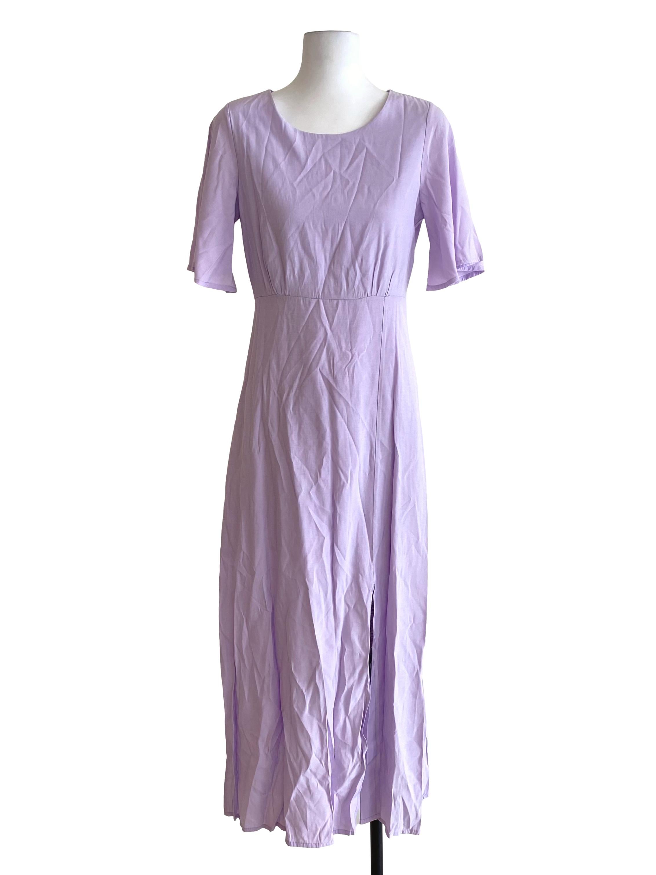 Lavender Purple Plain Drop Waist Front Slits Dress TEM