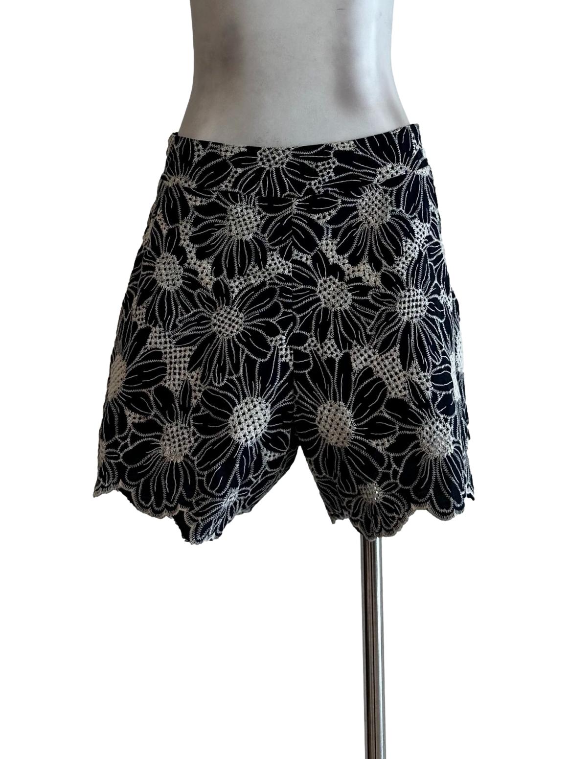 Blue Black Flower Embroidered Shorts