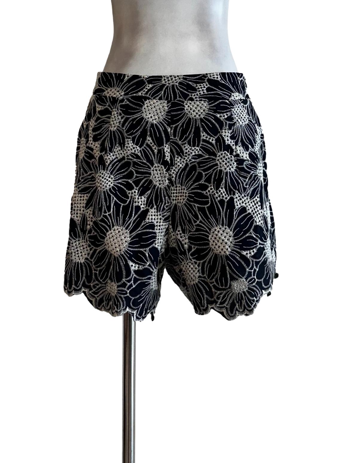 Blue Black Flower Embroidered Shorts