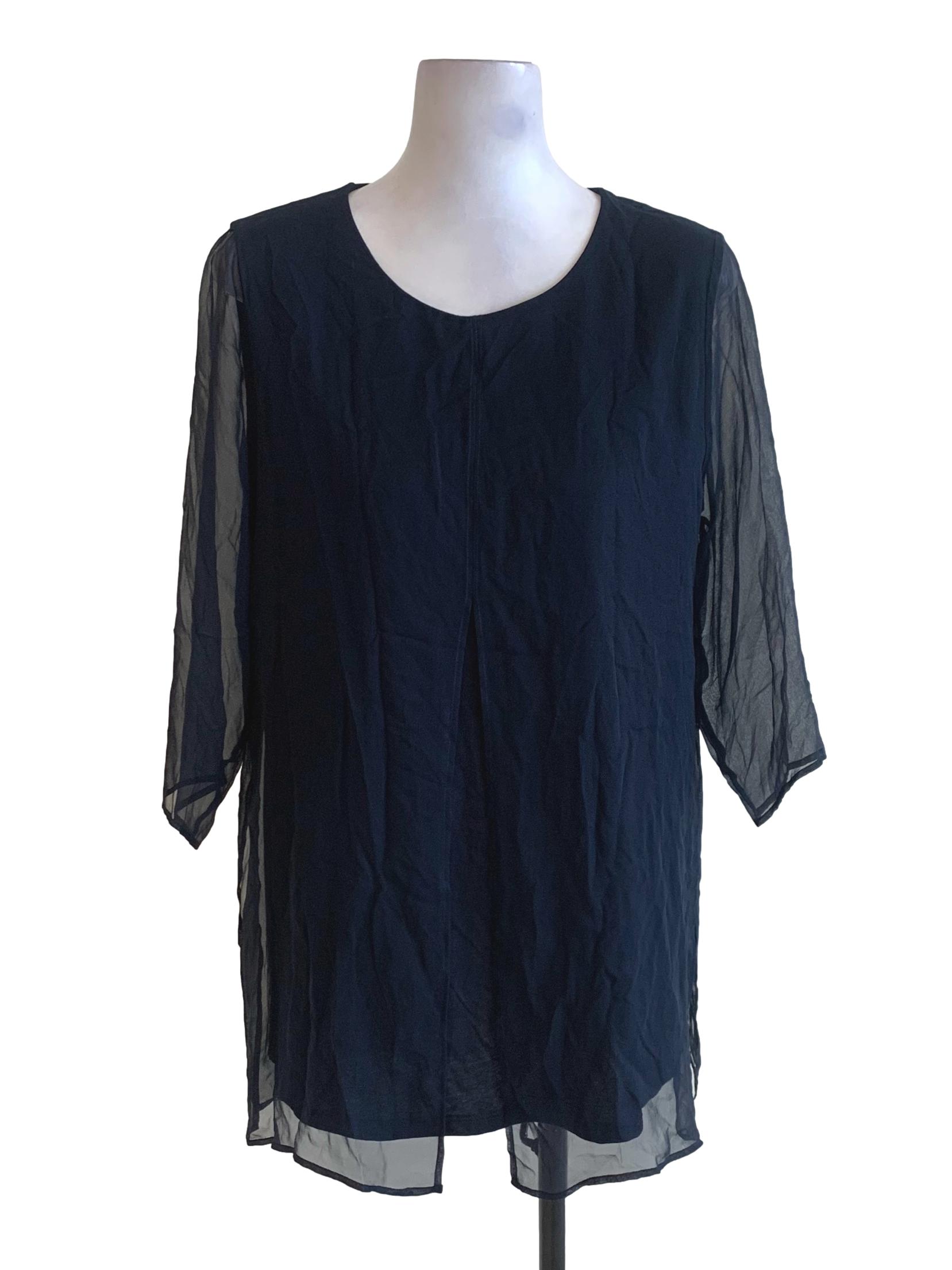 Navy Blue Crew Neck Layered Slit Sheer Loose Blouse