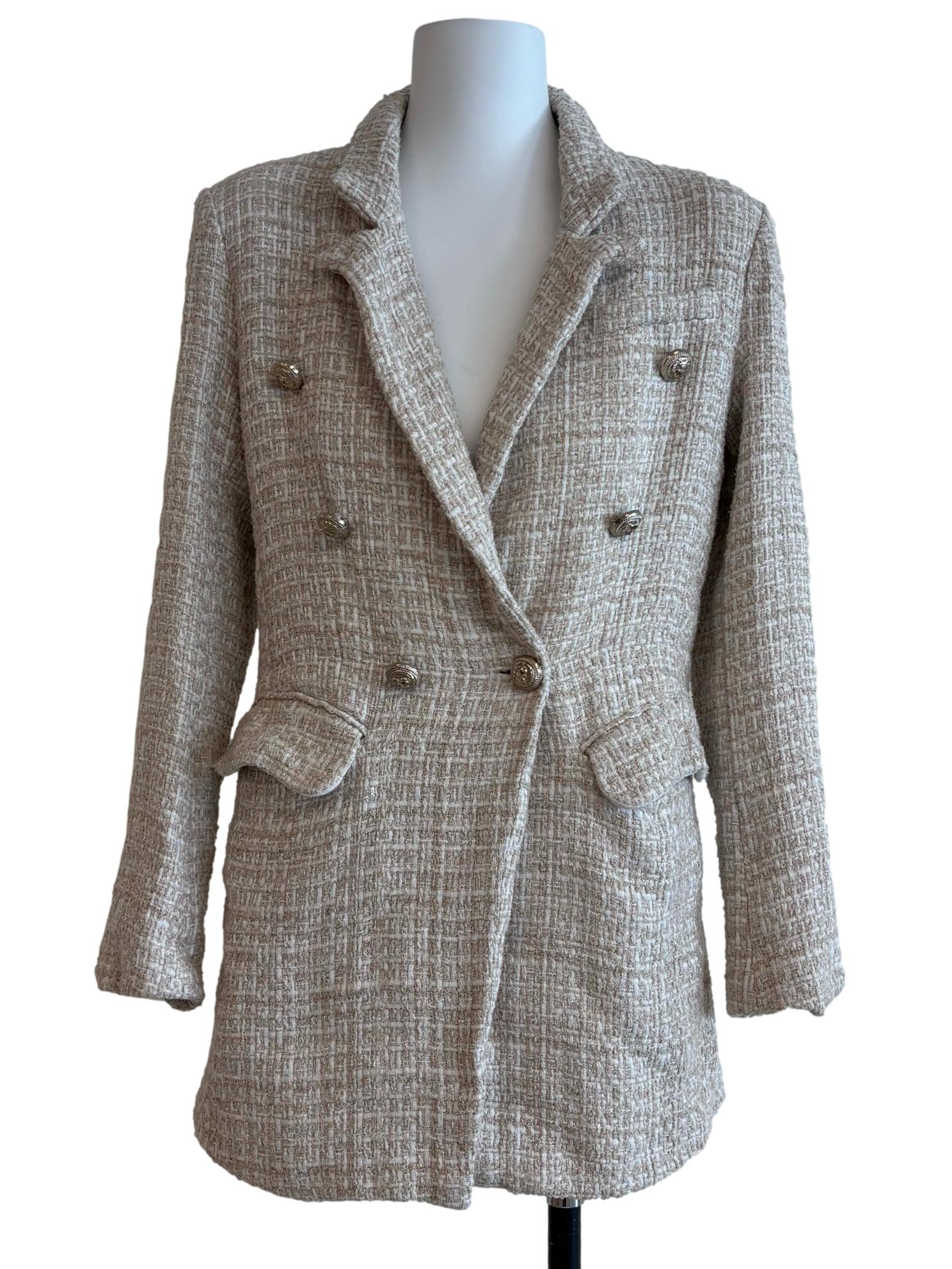 Rice White Double Breasted Tweed Blazer