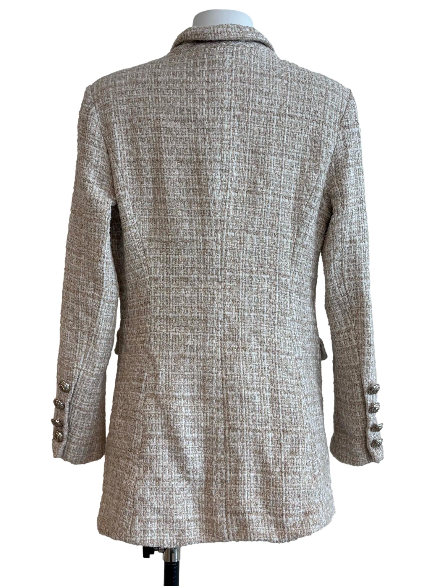 Rice White Double Breasted Tweed Blazer
