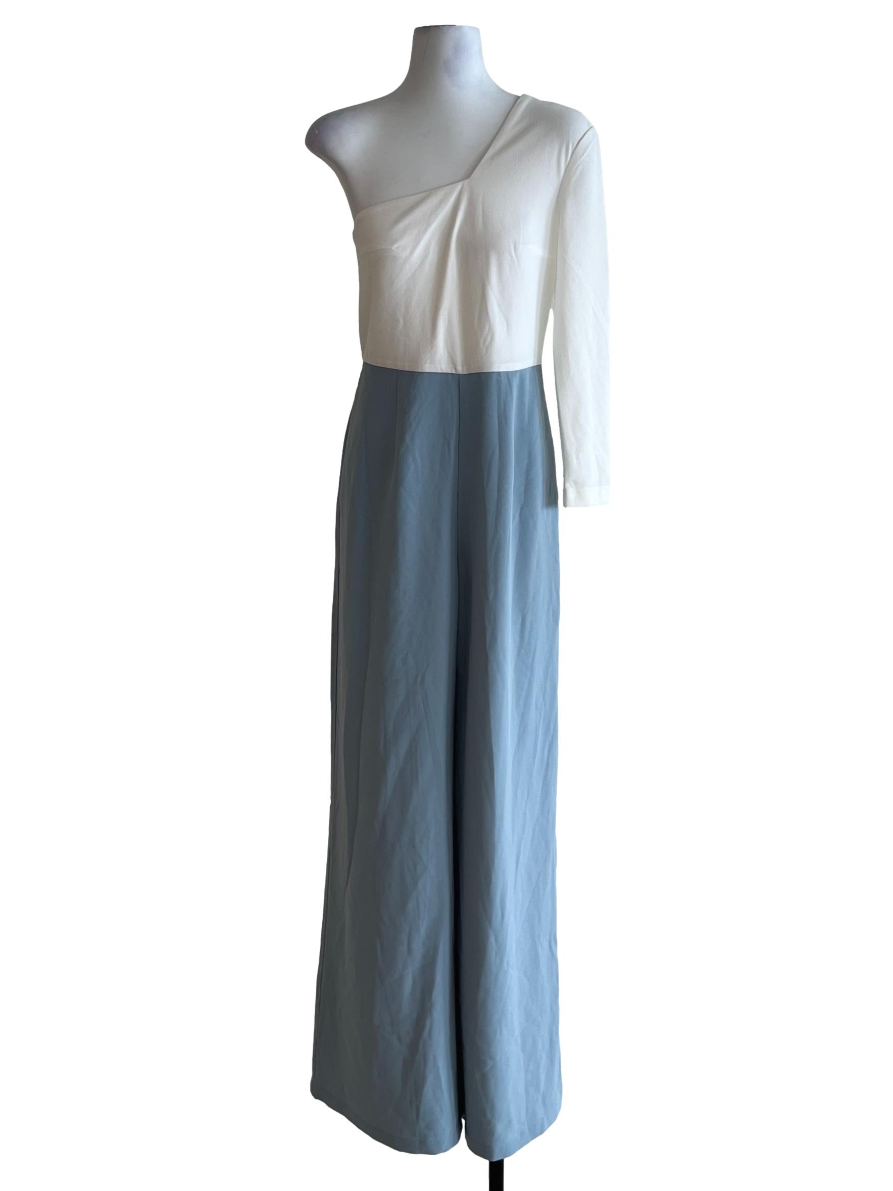 White Blue Asymmetrical Neckline Jumpsuit