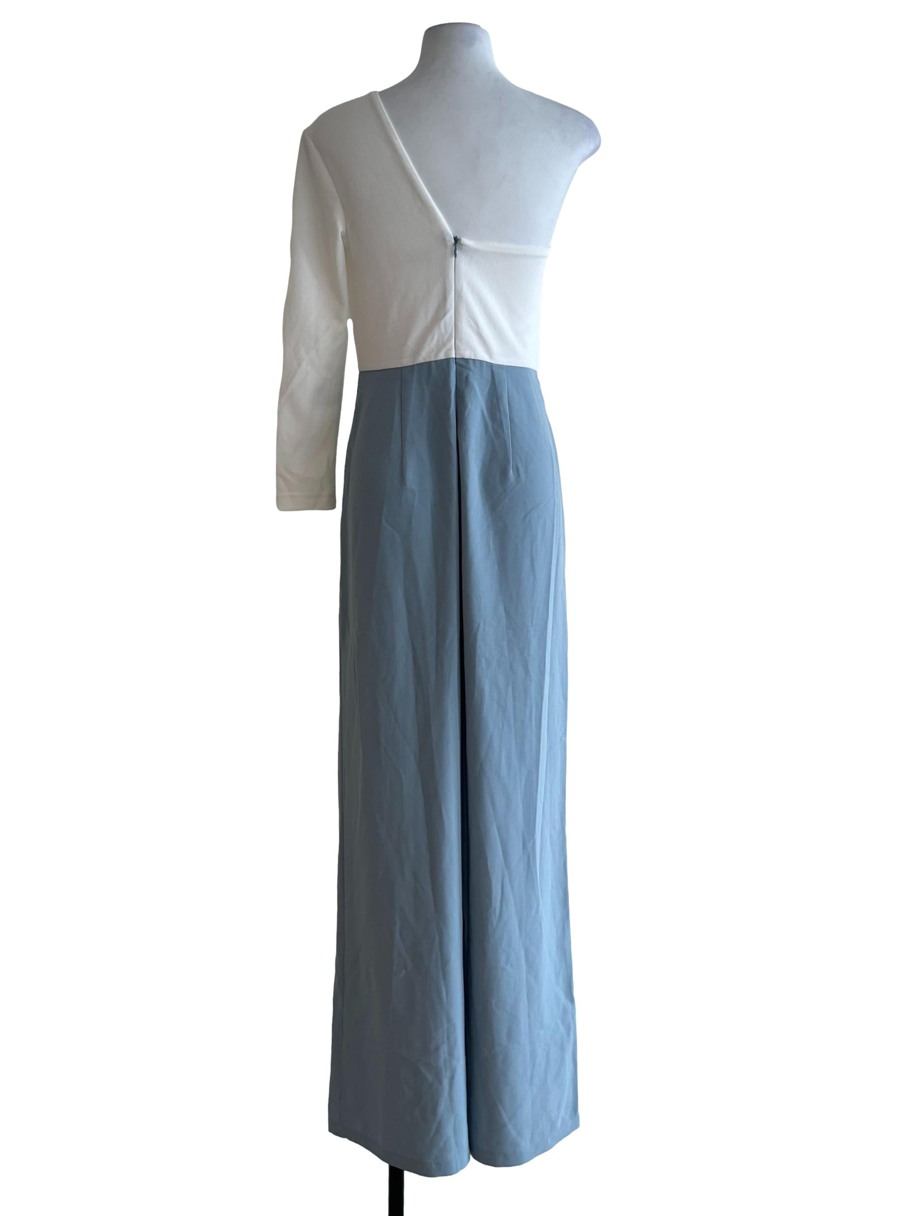 White Blue Asymmetrical Neckline Jumpsuit