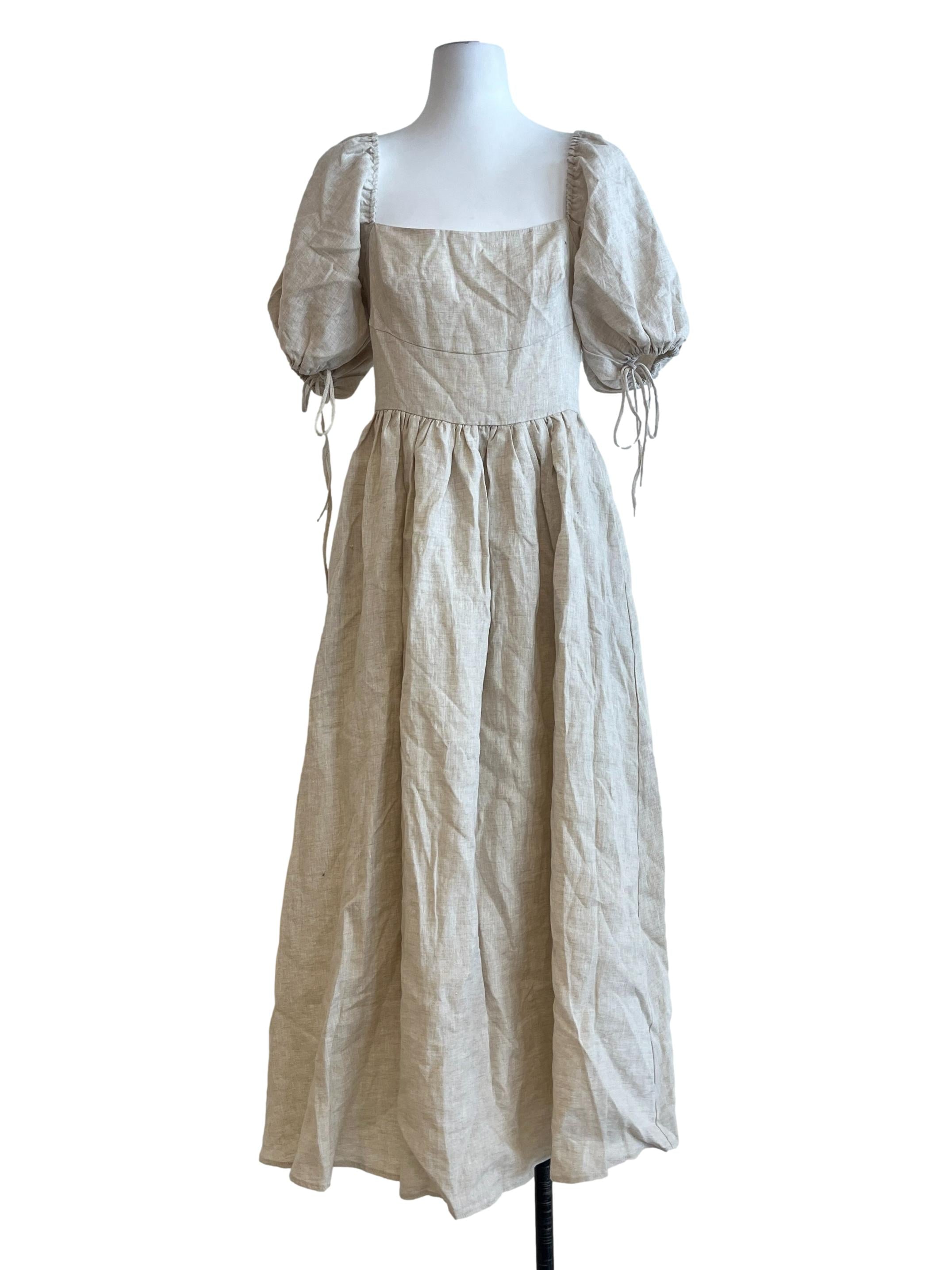 Linen White Puff Sleeve Empire Dress CM