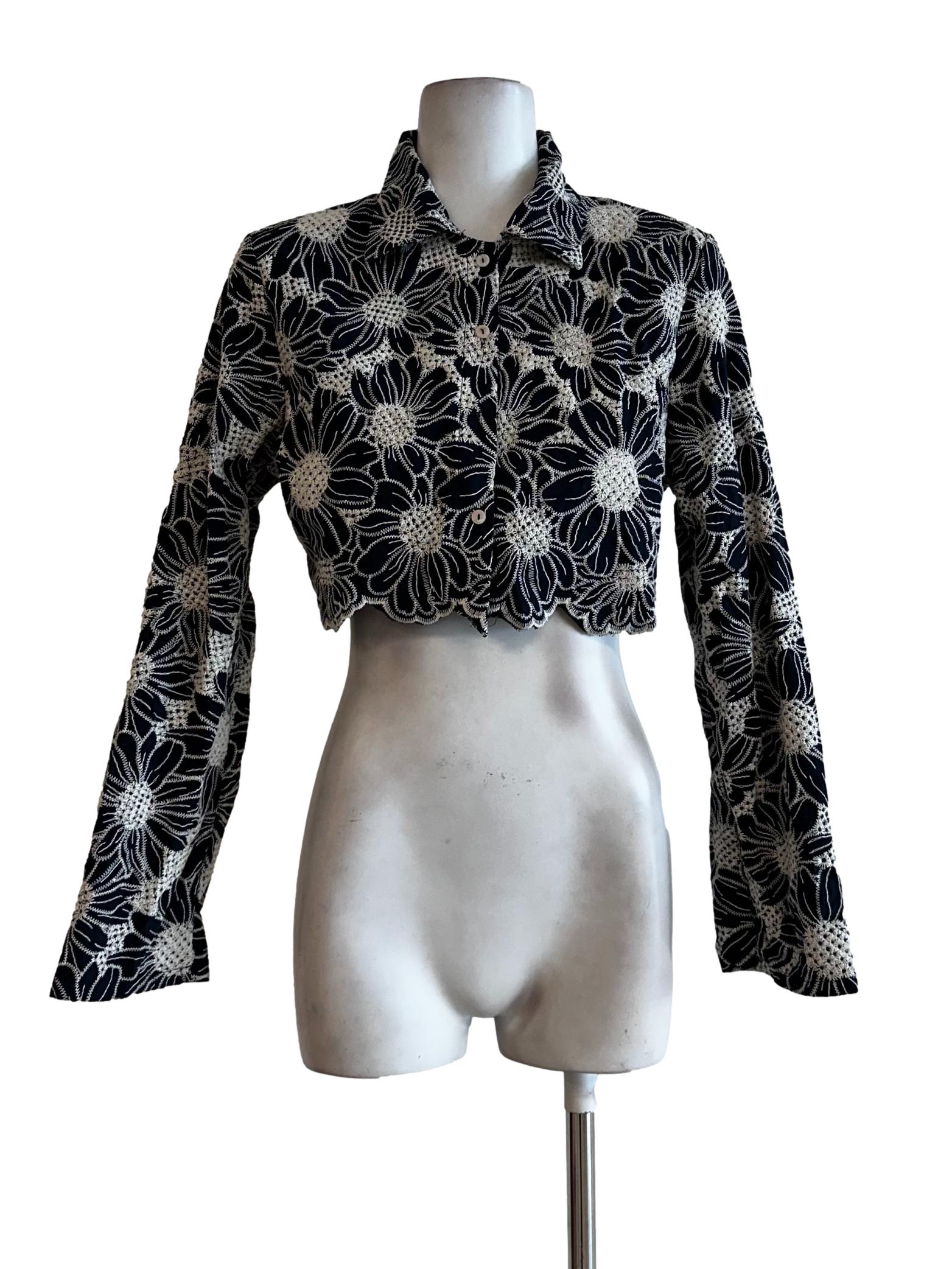 Blue Black Flower Embroidered Top