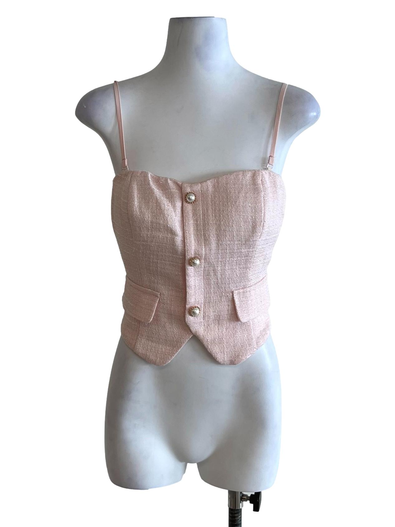 Blush Pink Spaghetti Strap Tweed Top