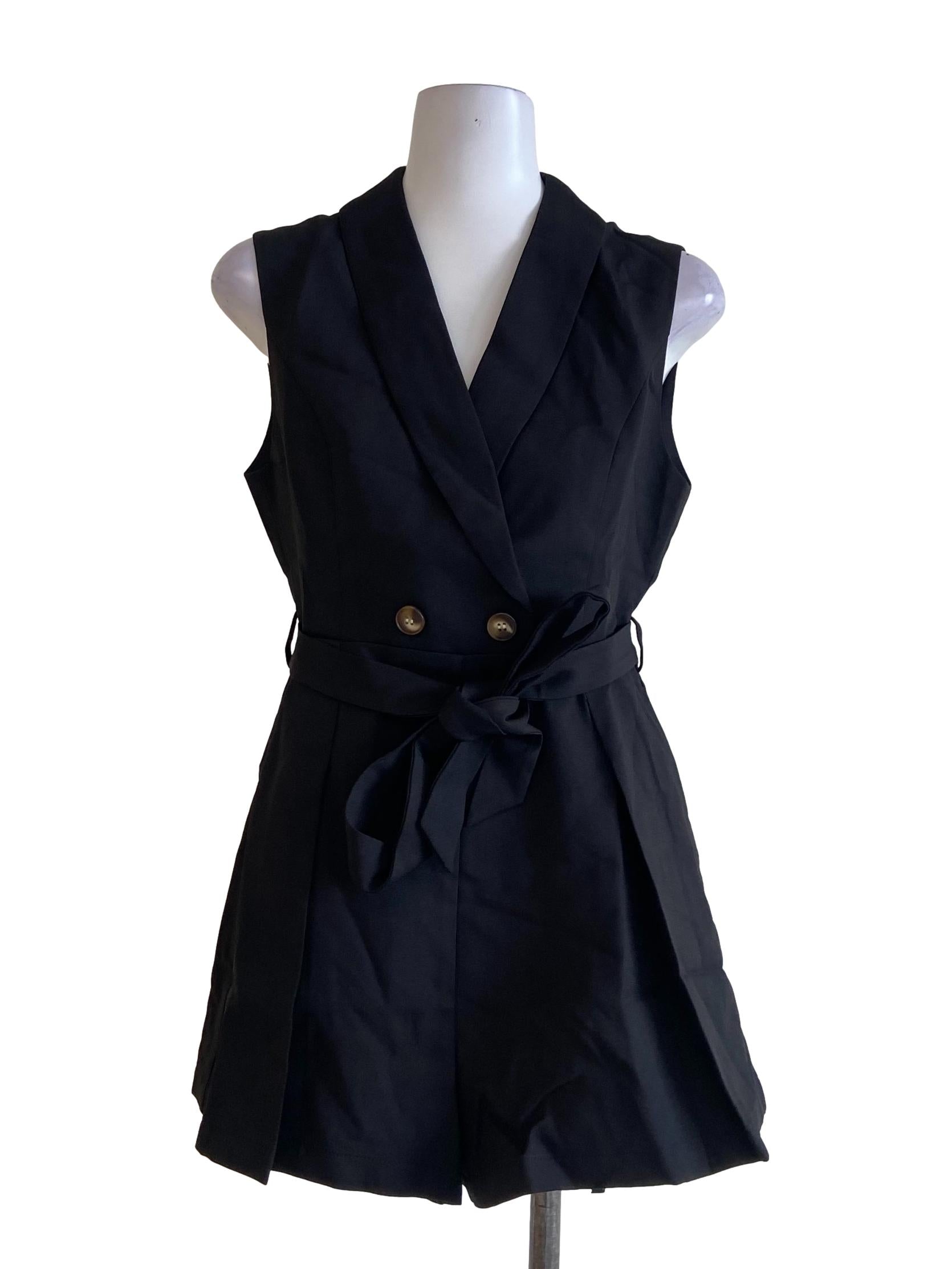 Black Twill V Neck Sleeveless Rompers
