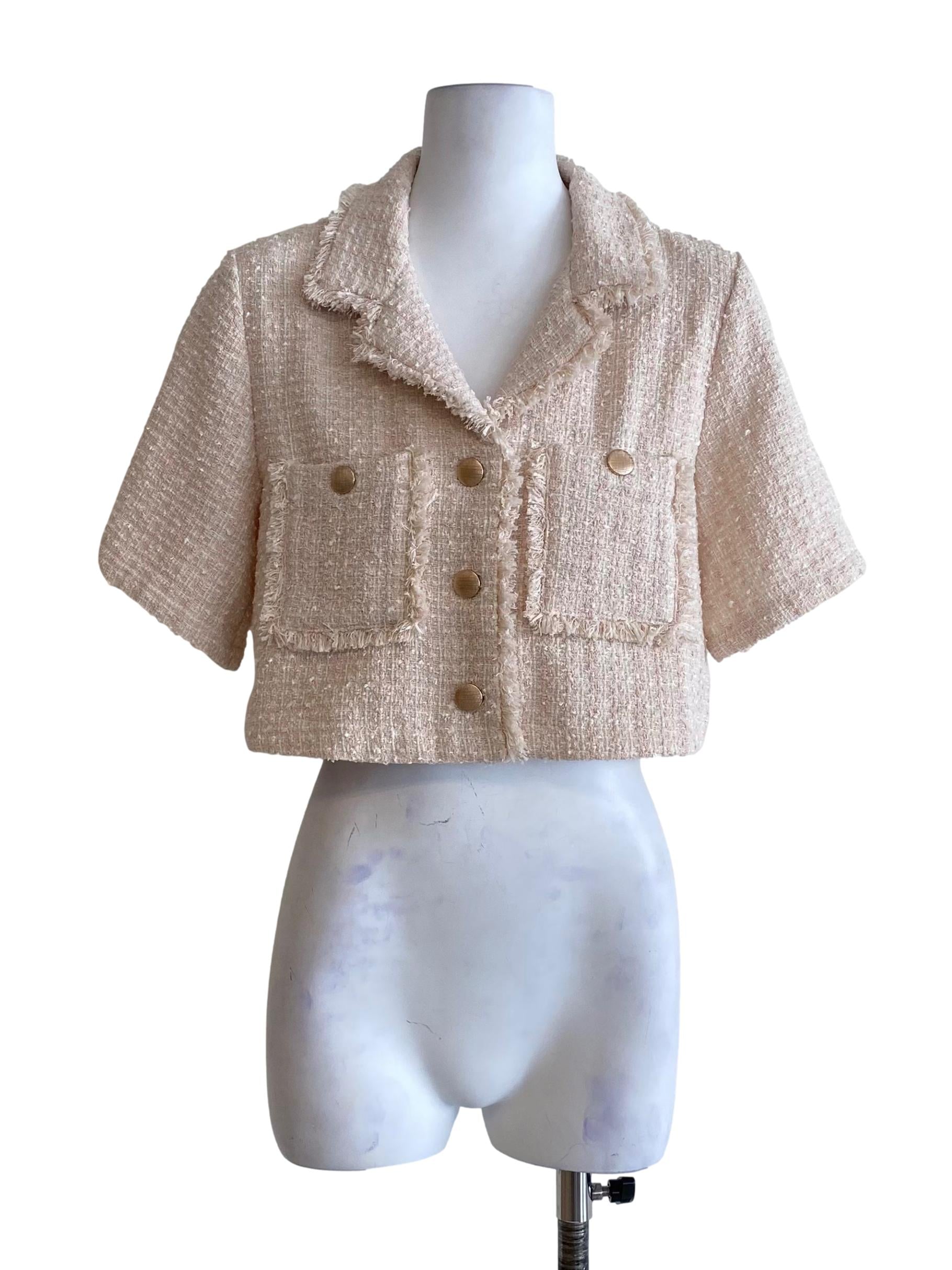Eggshell White Soft Pink Tweed Button Down Top
