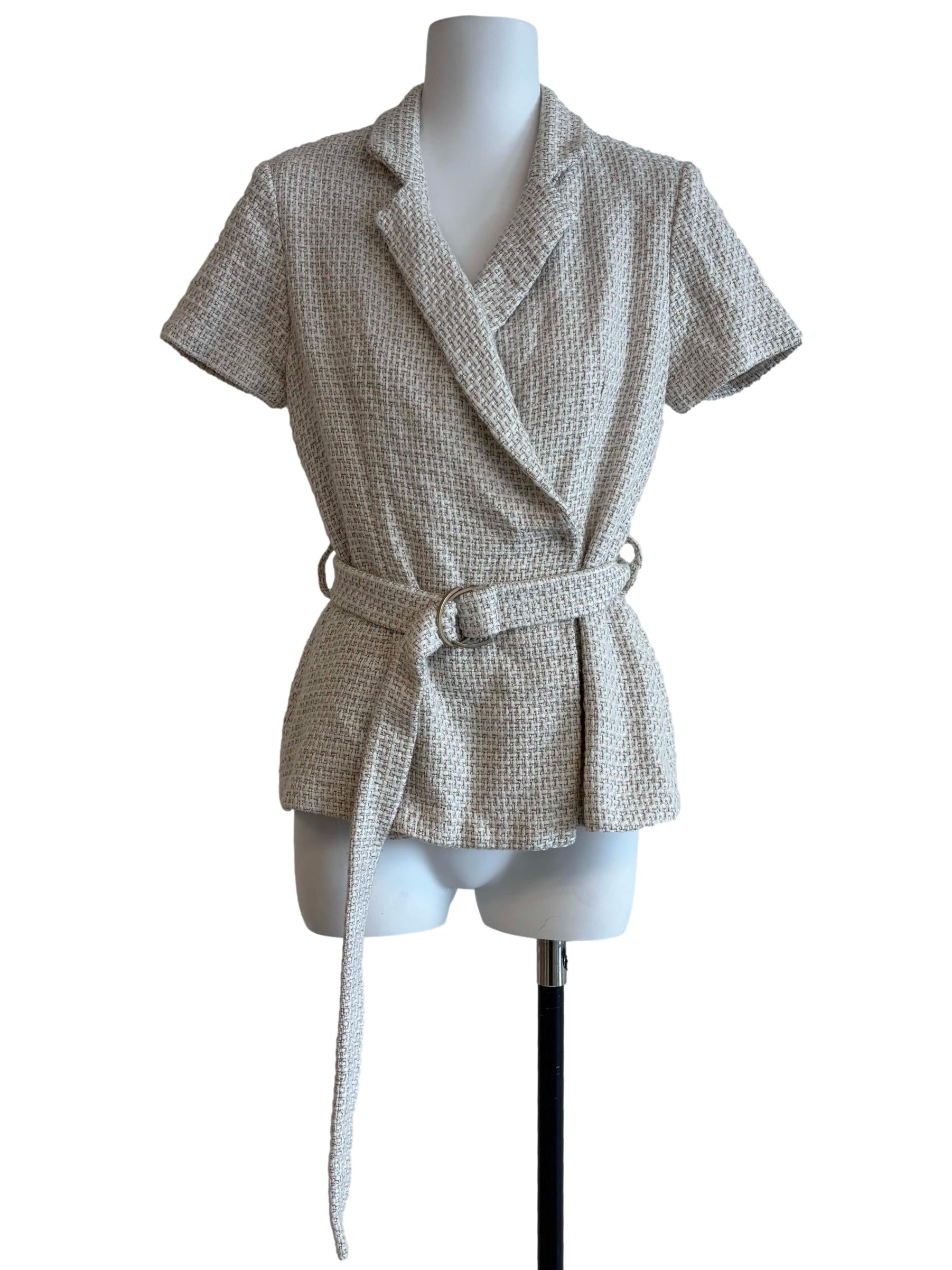 Cotton White Tweed Top With Belt
