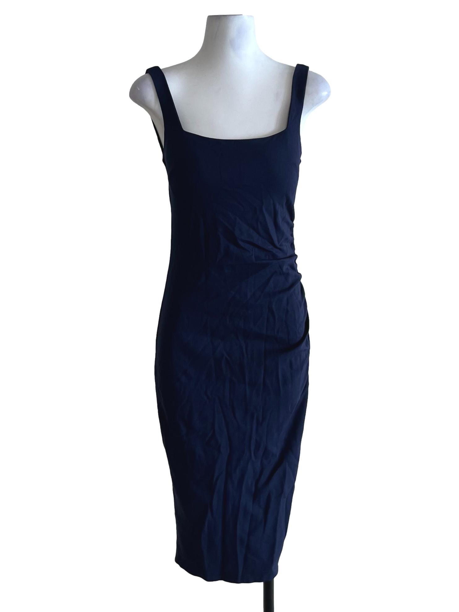 Navy Blue Square Neckline Sheath Dress