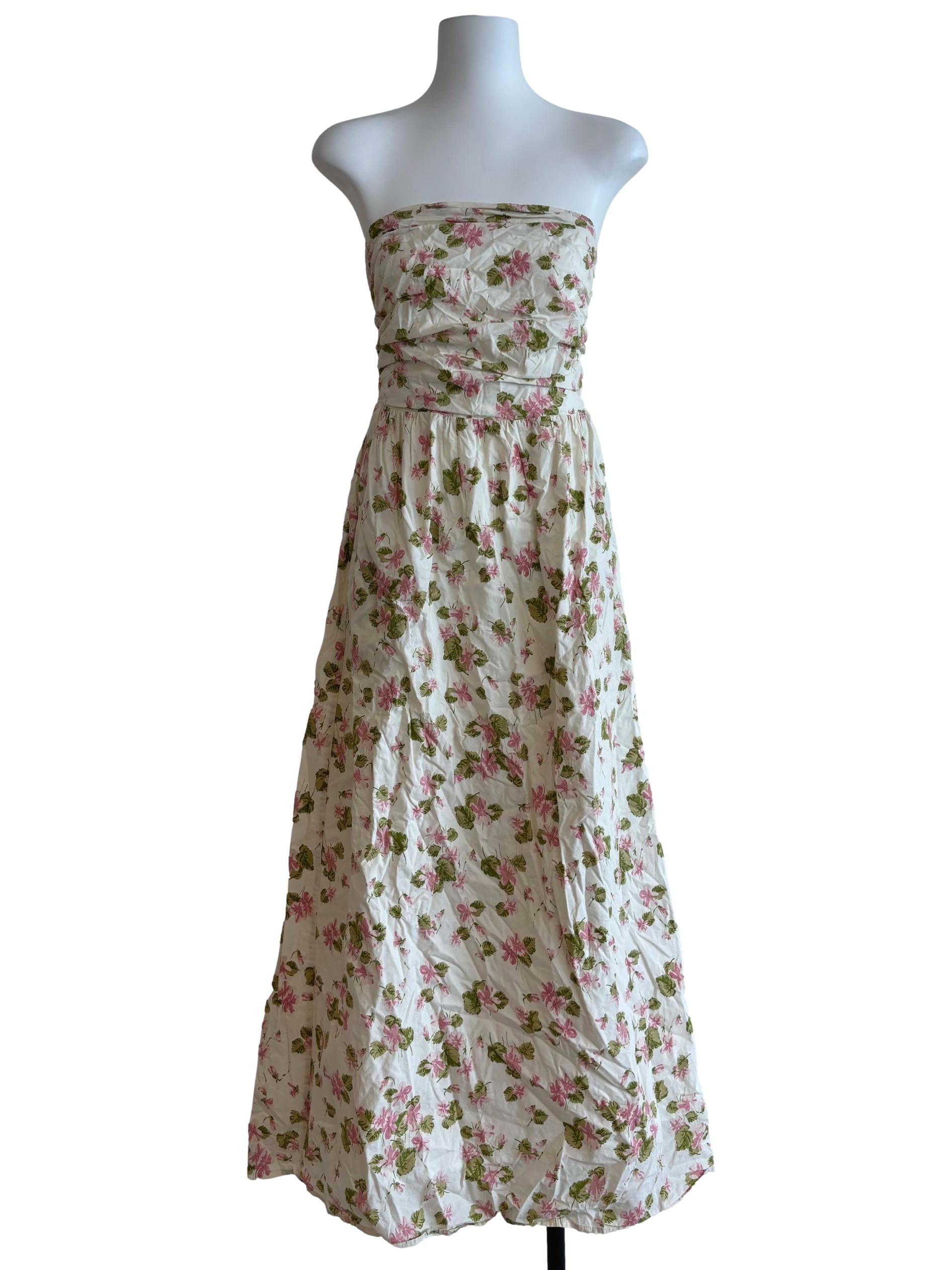 Cream Floral Strapless Cotton Dress