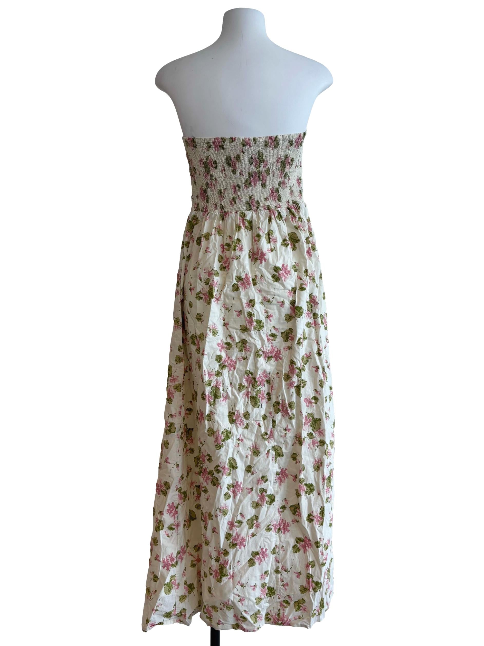 Cream Floral Strapless Cotton Dress