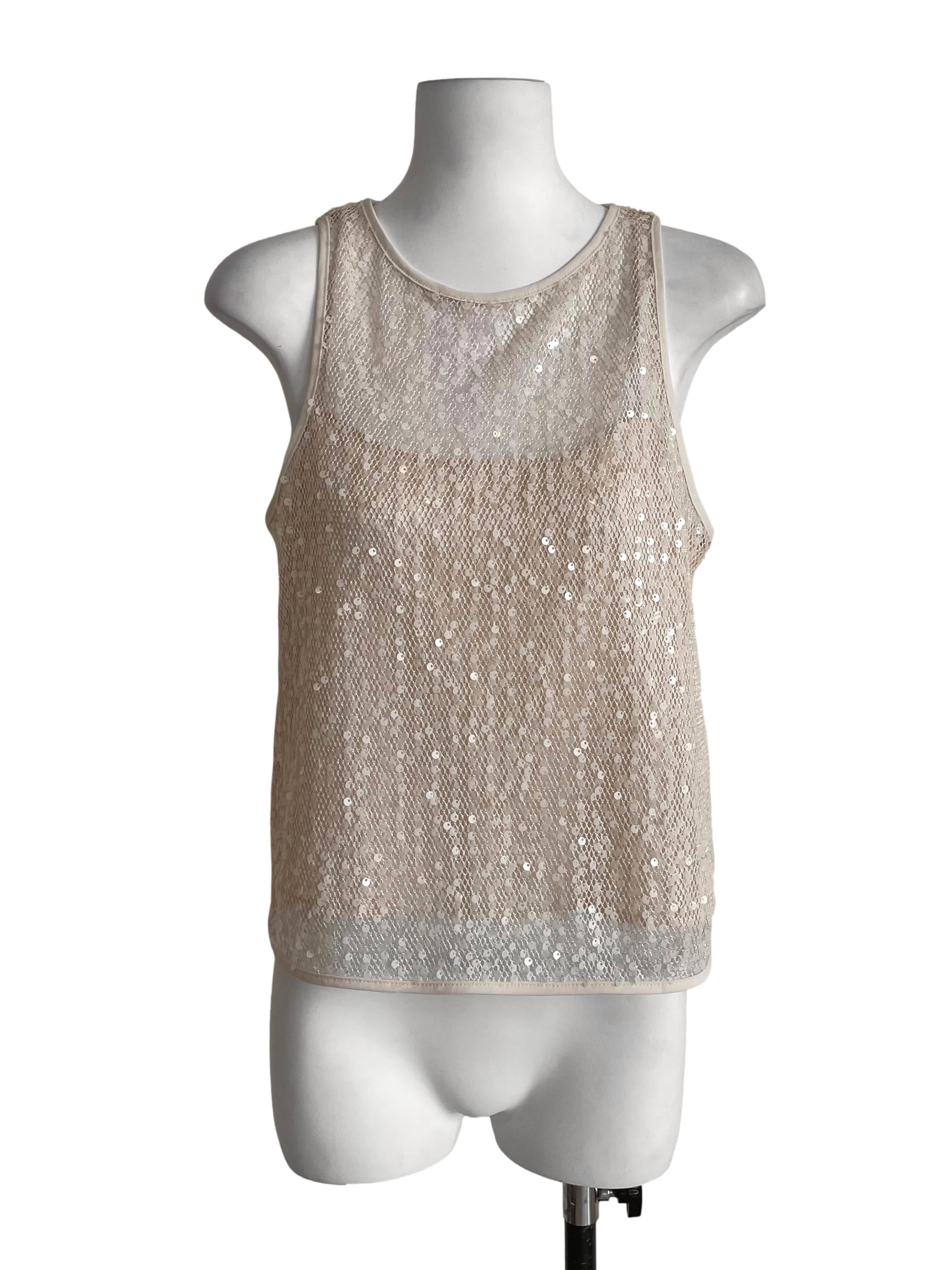 Parchment White Sequins Net Tank LB